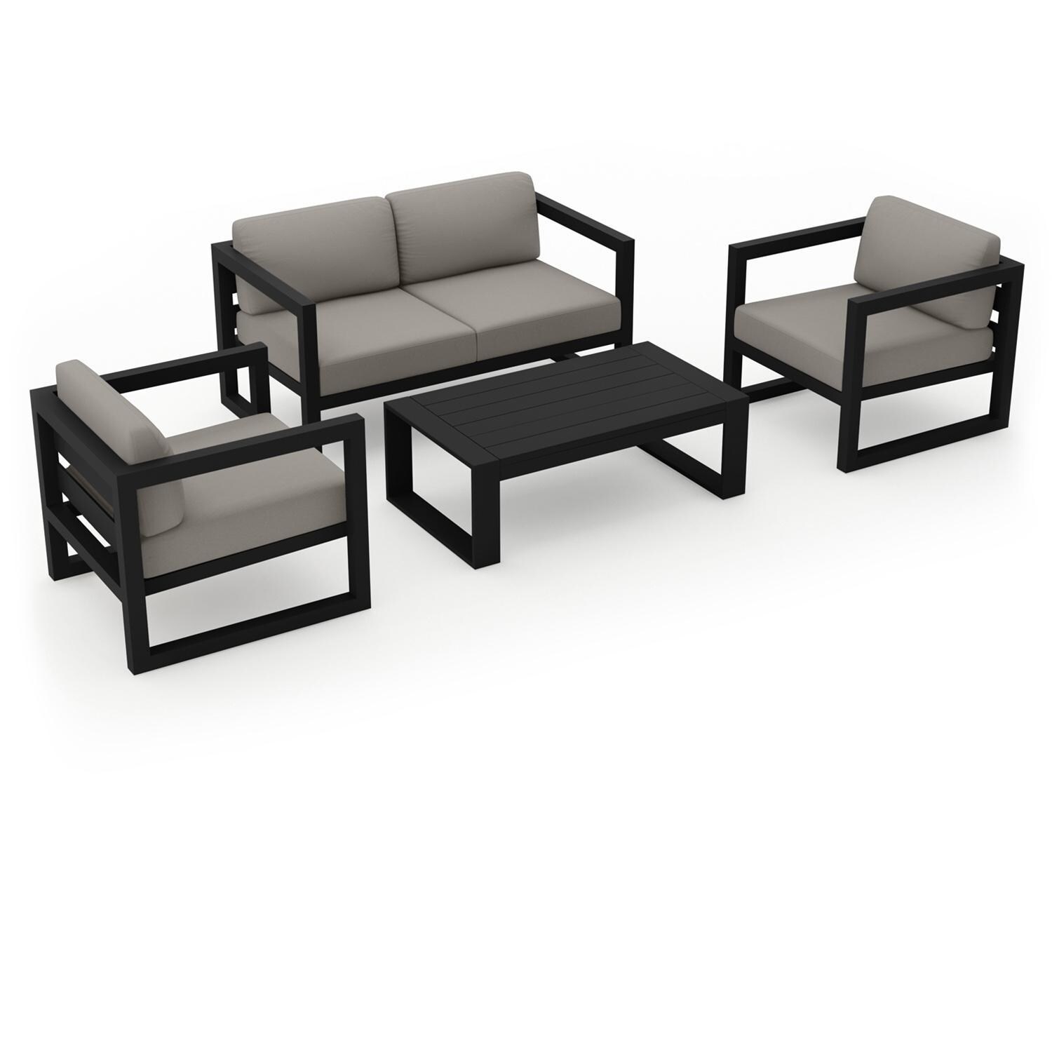 Lakeview MSTYMAS-BK-4SS-CC Misty Cove 4 Pc Aluminum Seating Set in Black w/Loveseat & Canvas Charcoal Cushions by Lakeview Outdoor Designs - Set Angled - White Background thumbnail