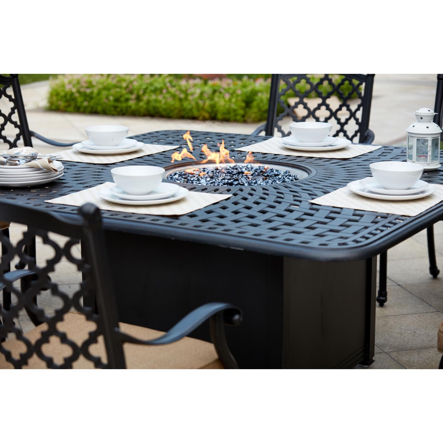 Darlee 201650-9PC-60GW Madison Cast Aluminum 64 Inch Square Fire Pit Dining Table - Lifestyle thumbnail