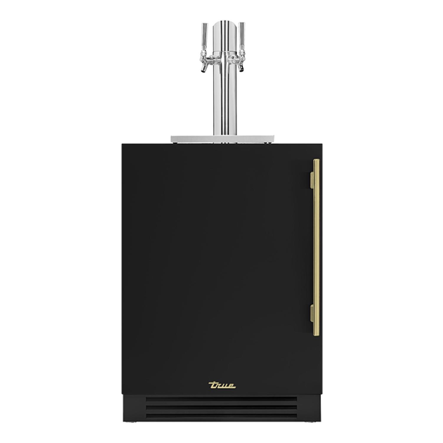 True TUR-24DD-L-OP-C~DSK-027-H01 24 Inch Left Hinge Outdoor Dual Tap Beverage Dispenser - Matte Black w/ Brass Handle - White Background thumbnail