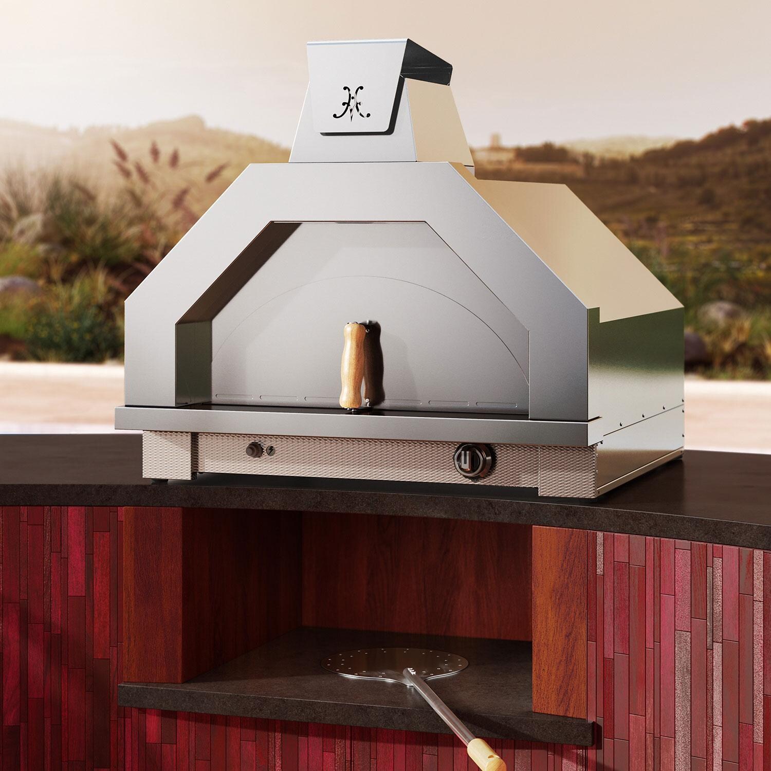 Hestan Campania 32 Inch Countertop Stainless Steel Propane Pizza Oven w/ Light Kit - Matador - Built-In Island Shown in Steeletto finish - Lifestyle thumbnail