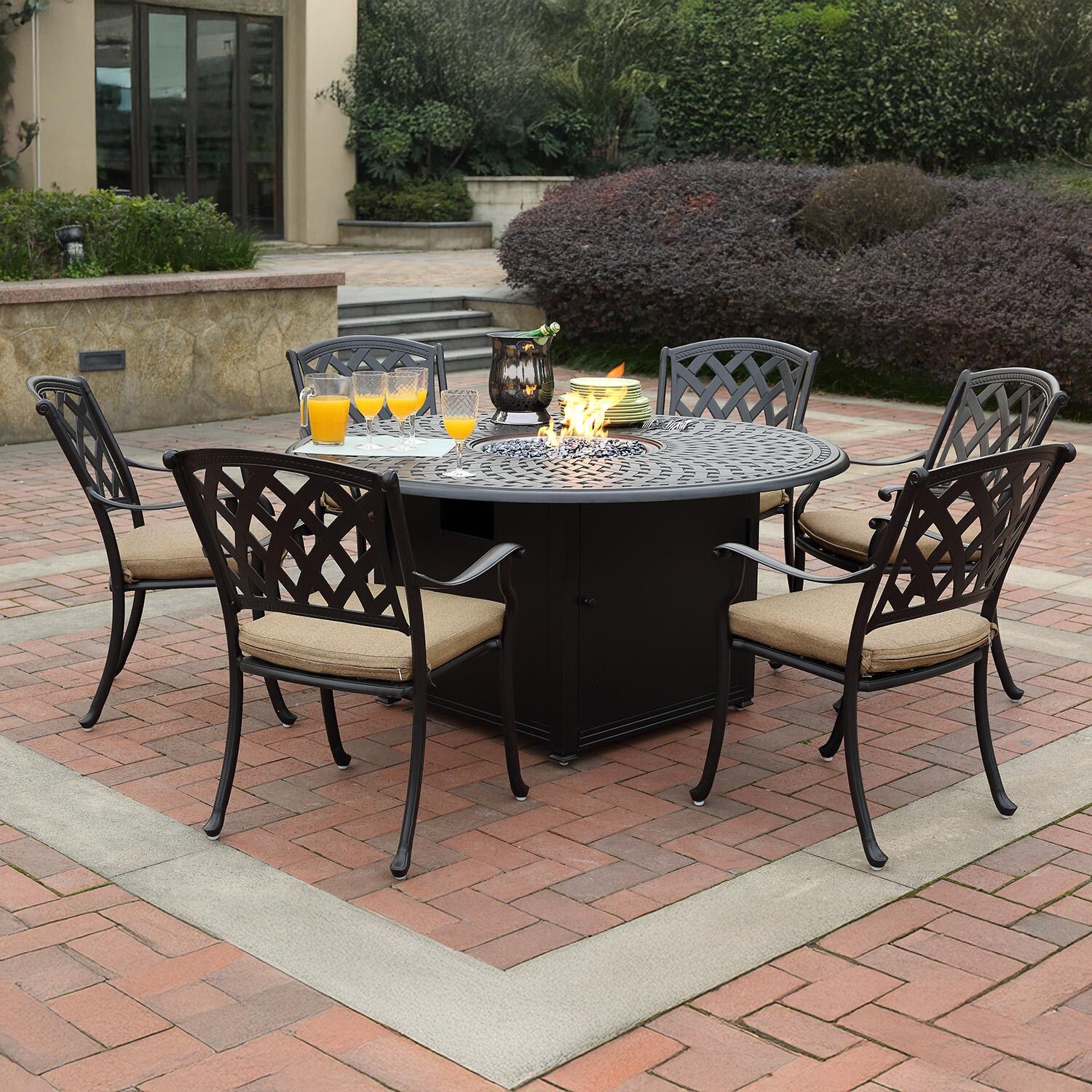 Signature 60-in Round Cast Aluminum Propane Fire Pit Dining Table in Antique Bronze by Darlee - Breakfast (Chairs Not Included) - Lifestyle thumbnail