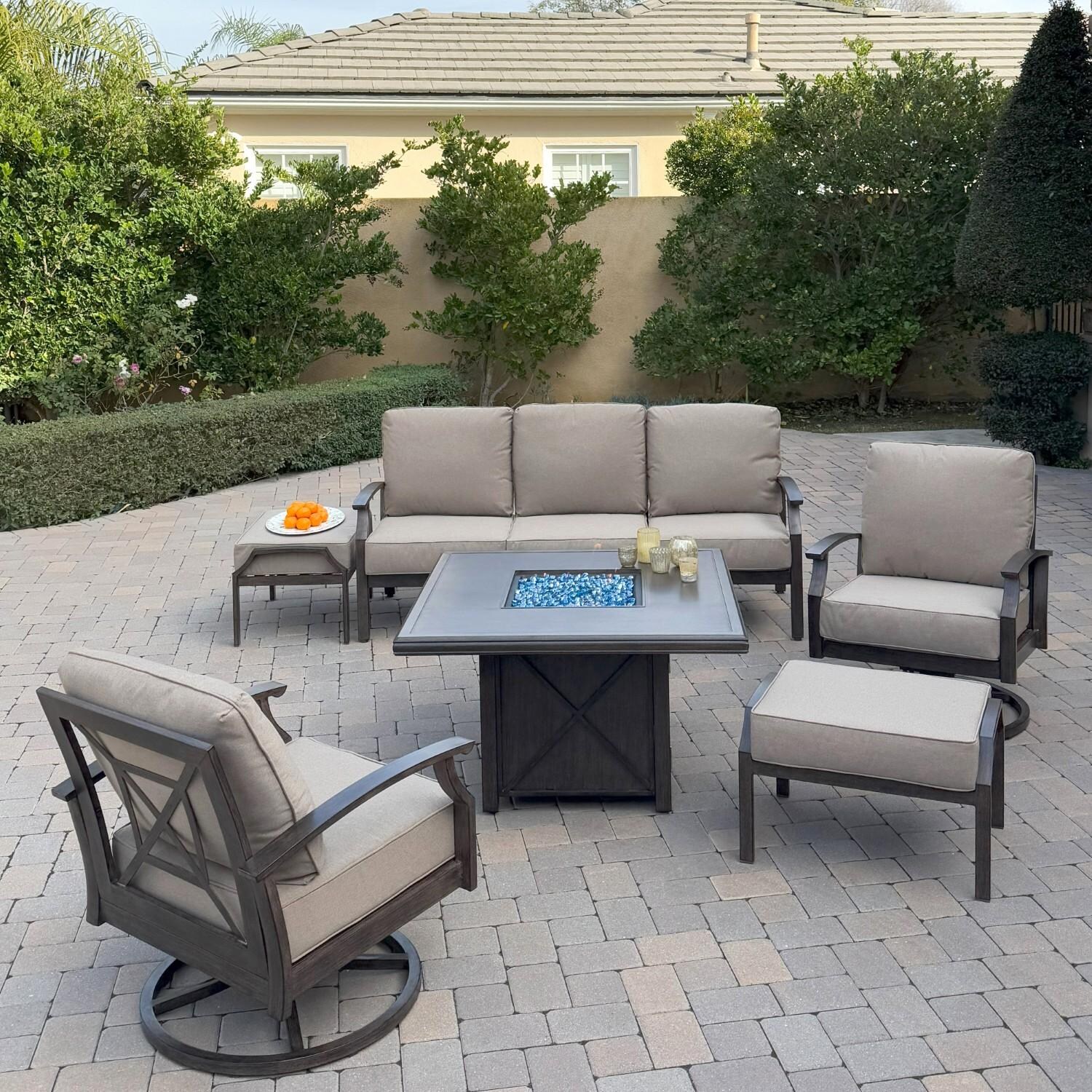 Atlantis 6 Pc Aluminum Fire Pit Seating Set w/ 2 Swivel Rocker Club Chairs, 2 Ottomans & Sofa in Walnut/Beige by Darlee - Hero - Lifestyle thumbnail