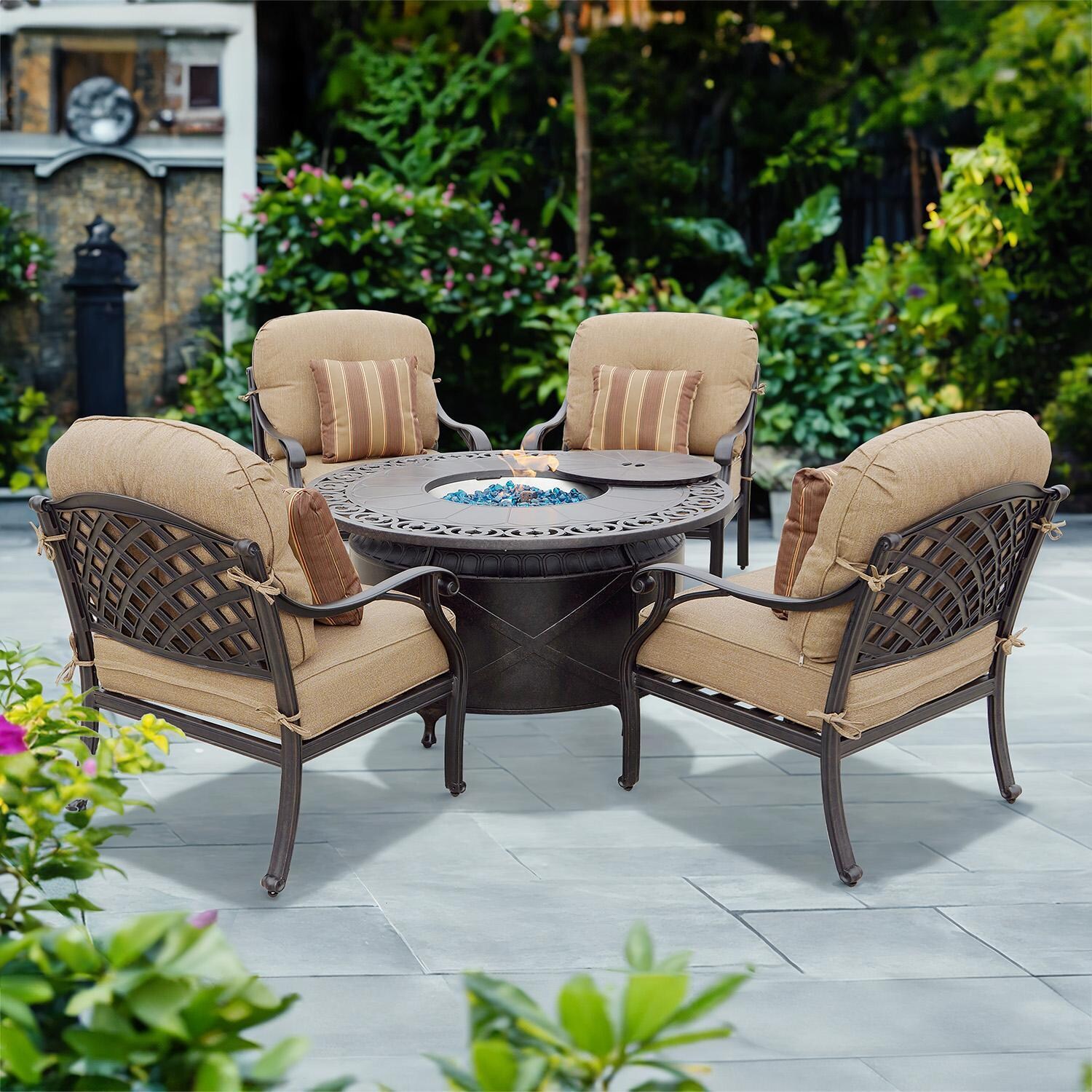 Darlee Nassau 5-Piece Patio Propane Fire Pit Conversation Set with Cushions and 47 Inch Round Fire Pit Chat Table and Fireglass - Set - Lifestyle thumbnail