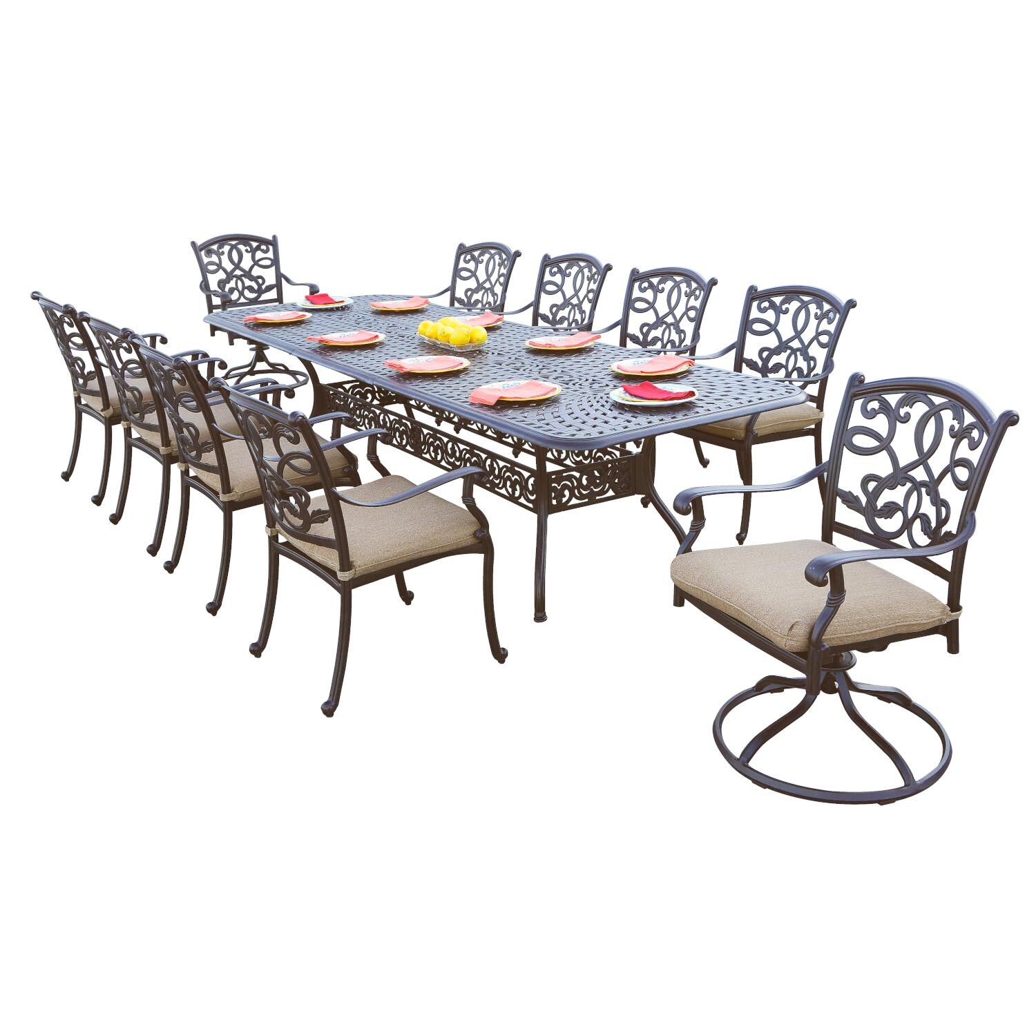 Santa Monica 11 Pc Cast Aluminum Dining Set w/ 92 X 42 Inch Series 60 Extension Table & 2 Swivel Rockers in Antique Bronze/Sesame by Darlee