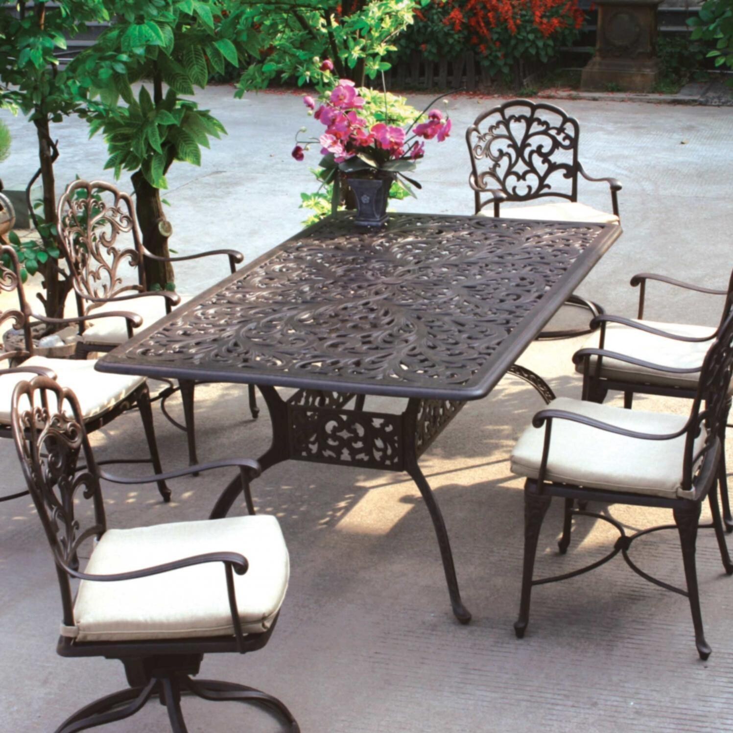 Darlee Catalina 7 Piece Cast Aluminum Patio Dining Set With Rectangular Scrollwork Table