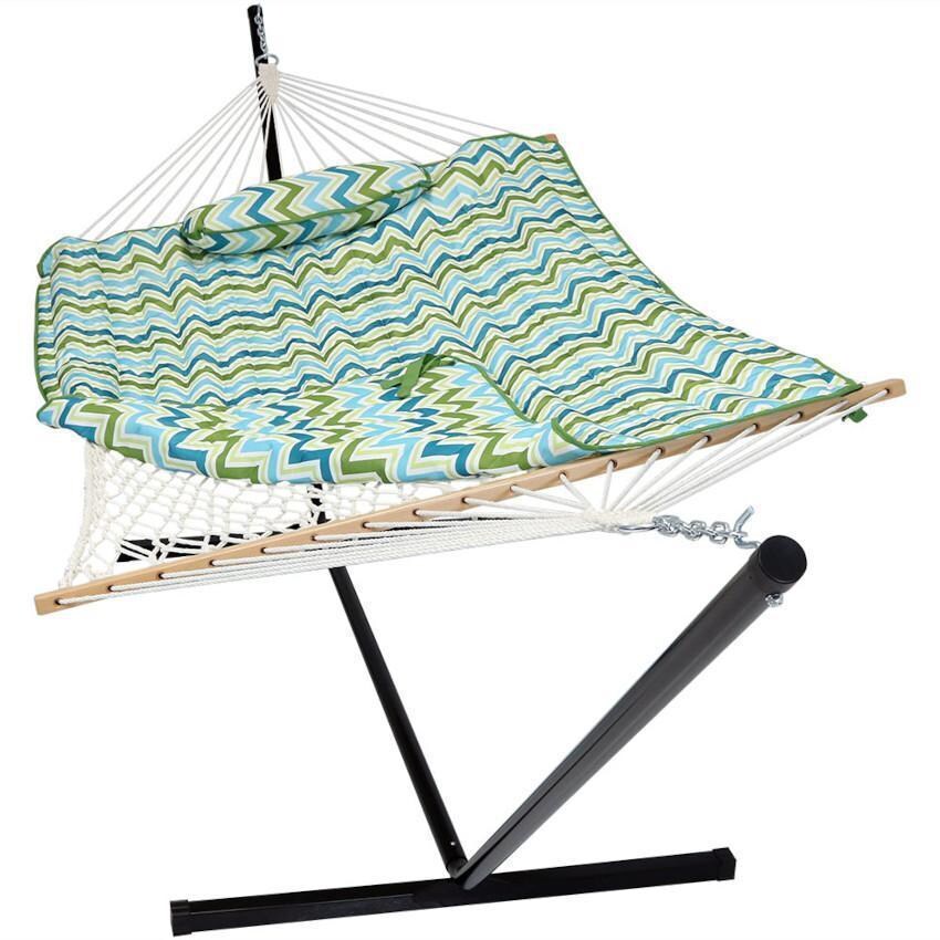 Ultimate Patio Rope Hammock w/ 12-Foot Stand, Pad, & Pillow - Blue & Green Chevron - White Background thumbnail