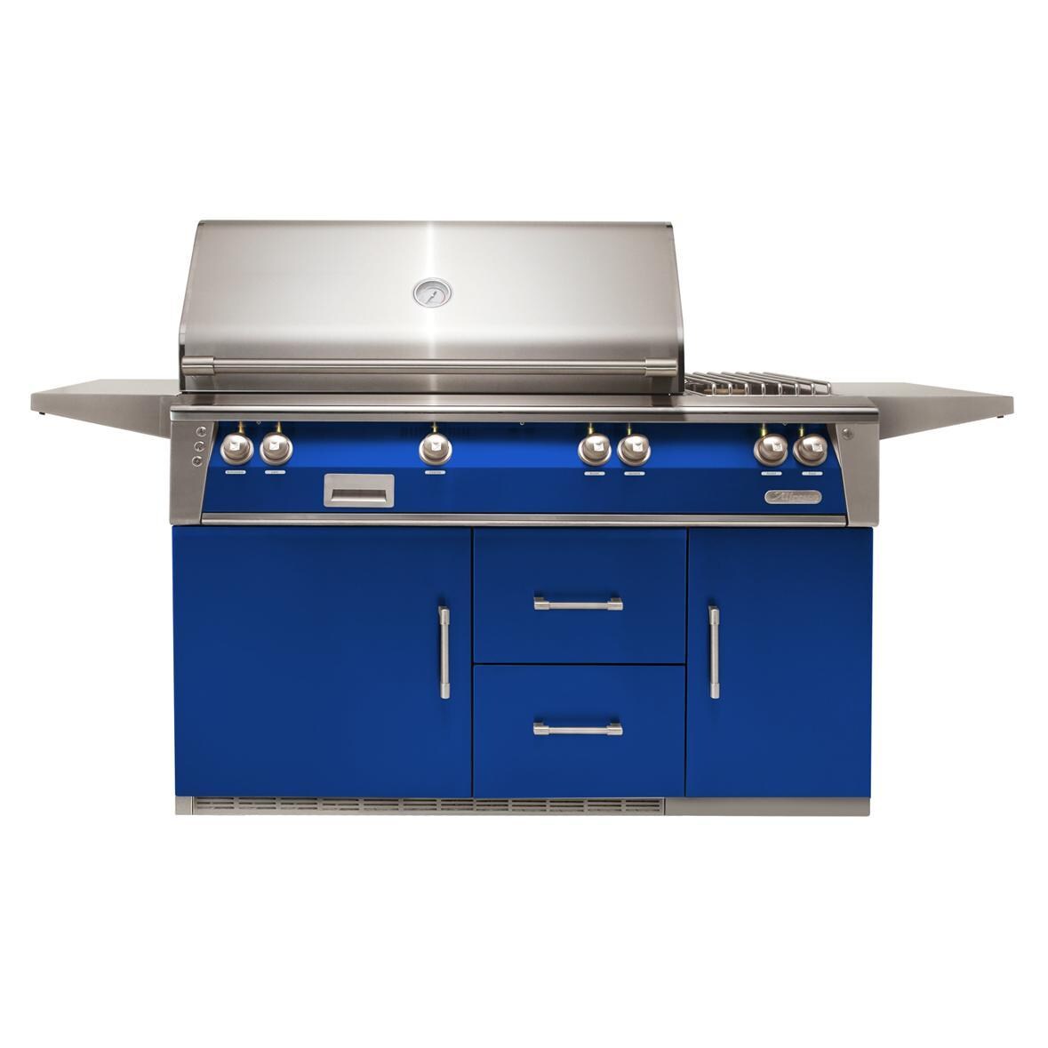 Alfresco ALXE 56-Inch Freestanding Propane Deluxe Grill On Refrigerated Cart With Rotisserie And Side Burner in Ultramarine Blue - ALXE-56R-LP-S5002