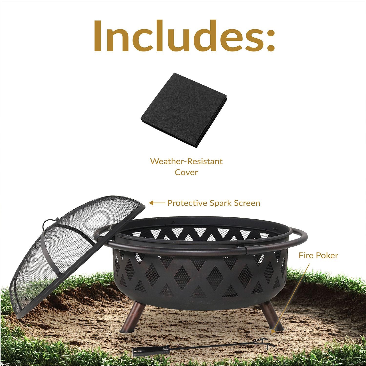 Ultimate Patio Crossweave 36 Inch Round Steel Wood-Burning Fire Pit in Black - Included Accessories - Detail thumbnail