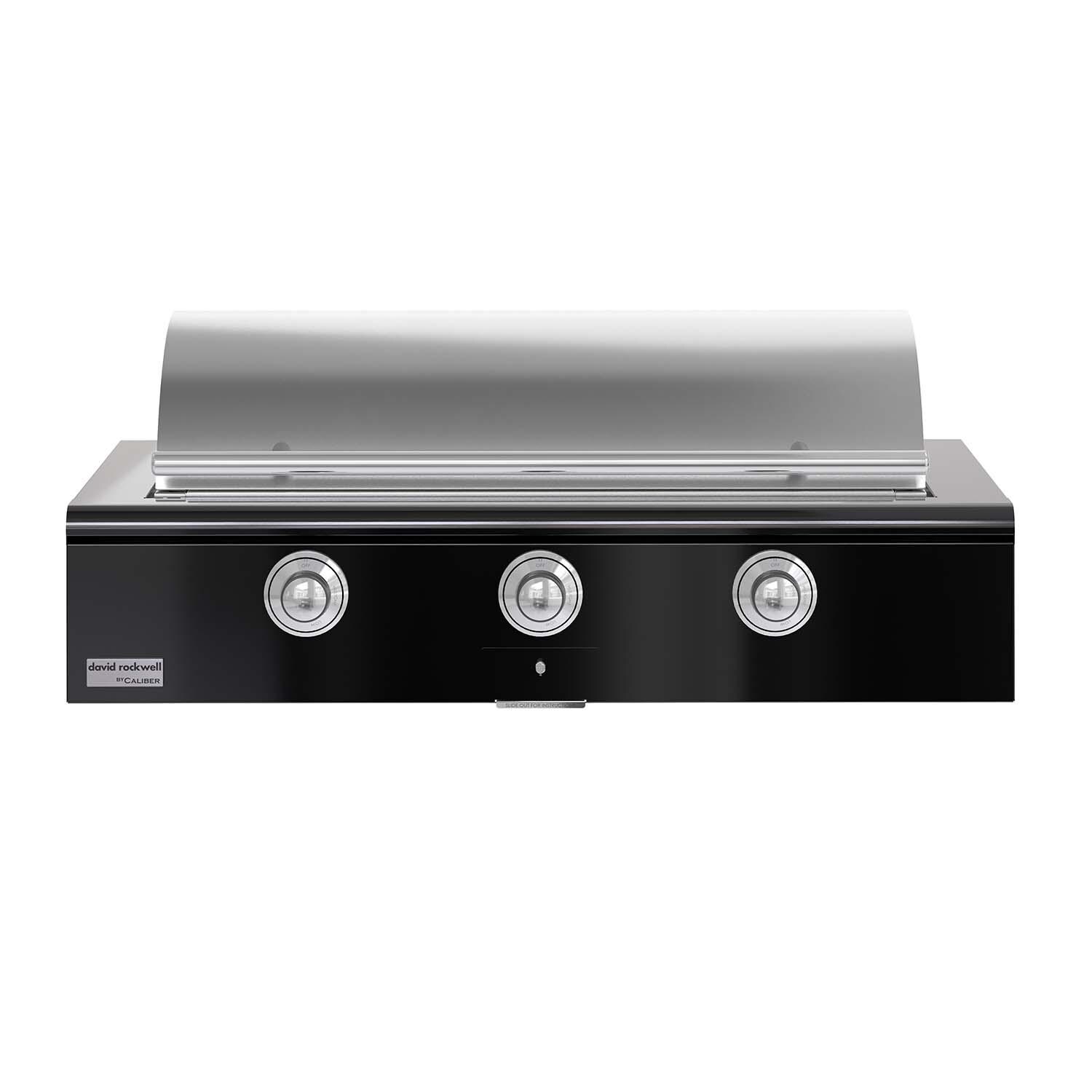 Caliber CRG-48BN00-A-044-H02 48-in Natural Gas Built-In Rockwell Grill - Gloss Black w/ Chrome Hardware - Closed Lid - White Background thumbnail