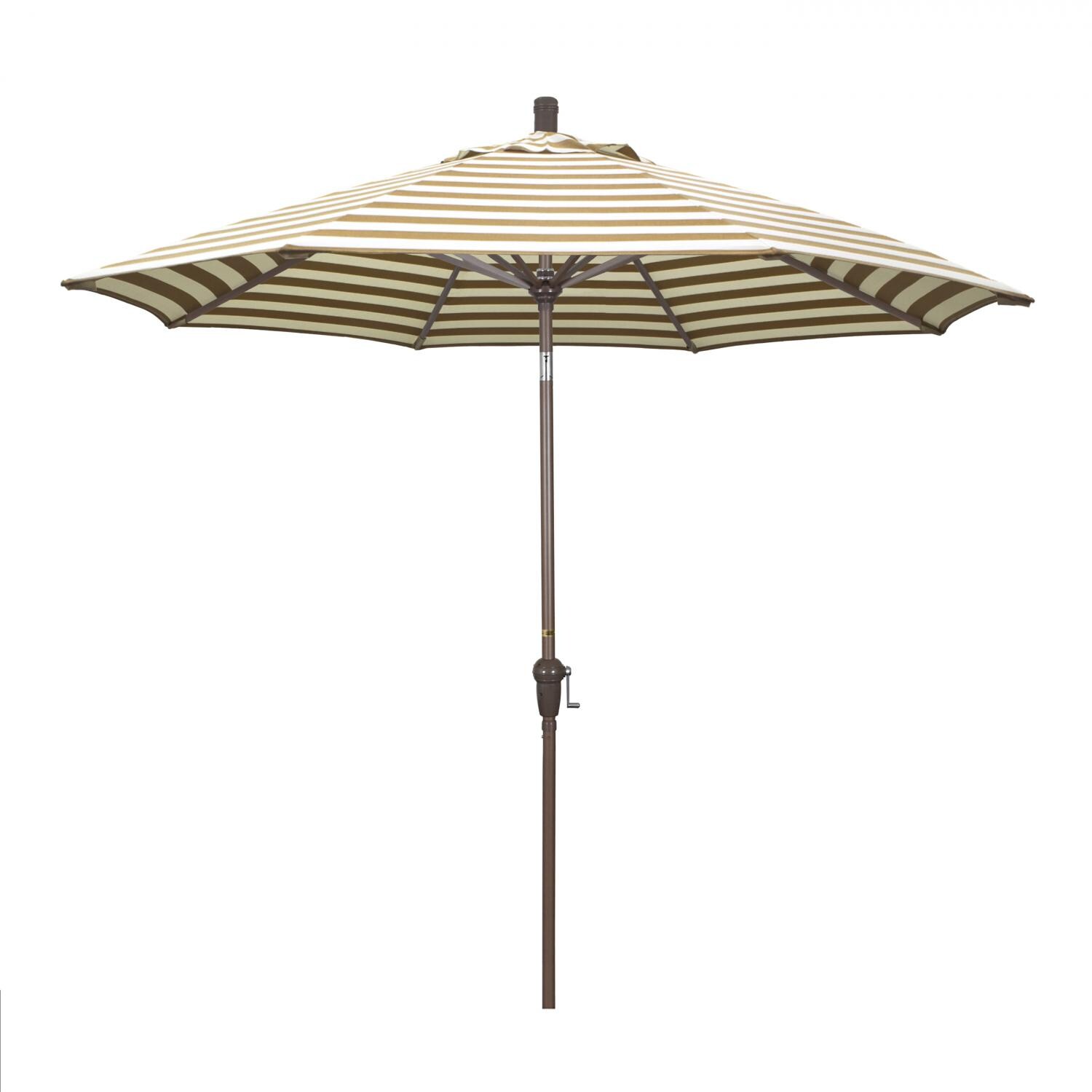 California Umbrella Sunset Series 9 Ft Octagonal Aluminum Auto Tilt Patio Umbrella W/ Crank Lift - Champagne Frame / Olefin Beige White Cabana Stripe Canopy thumbnail