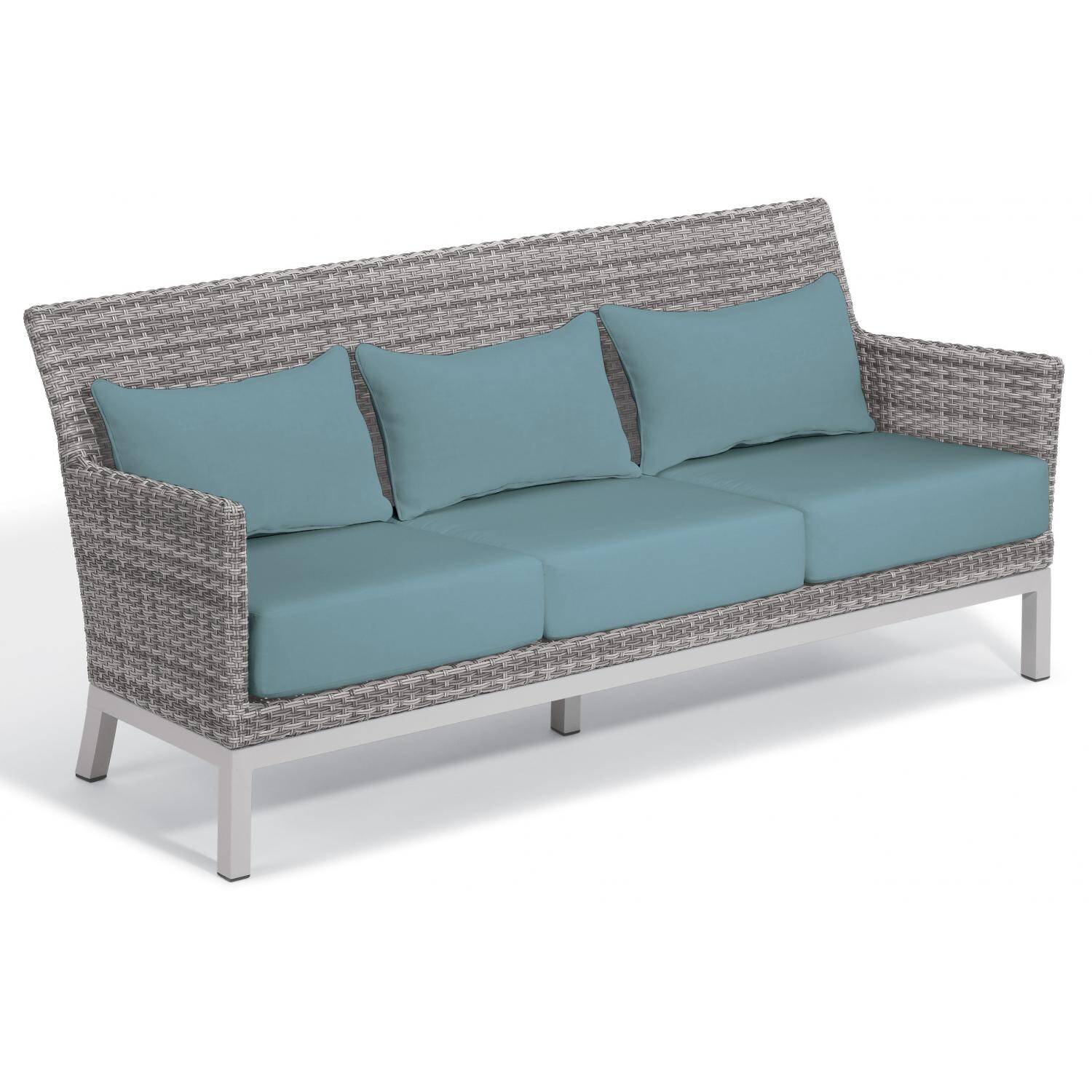 Argento Wicker Patio Sofa W/ Ice Blue Cushions and Lumbar Pillows By Oxford Garden thumbnail