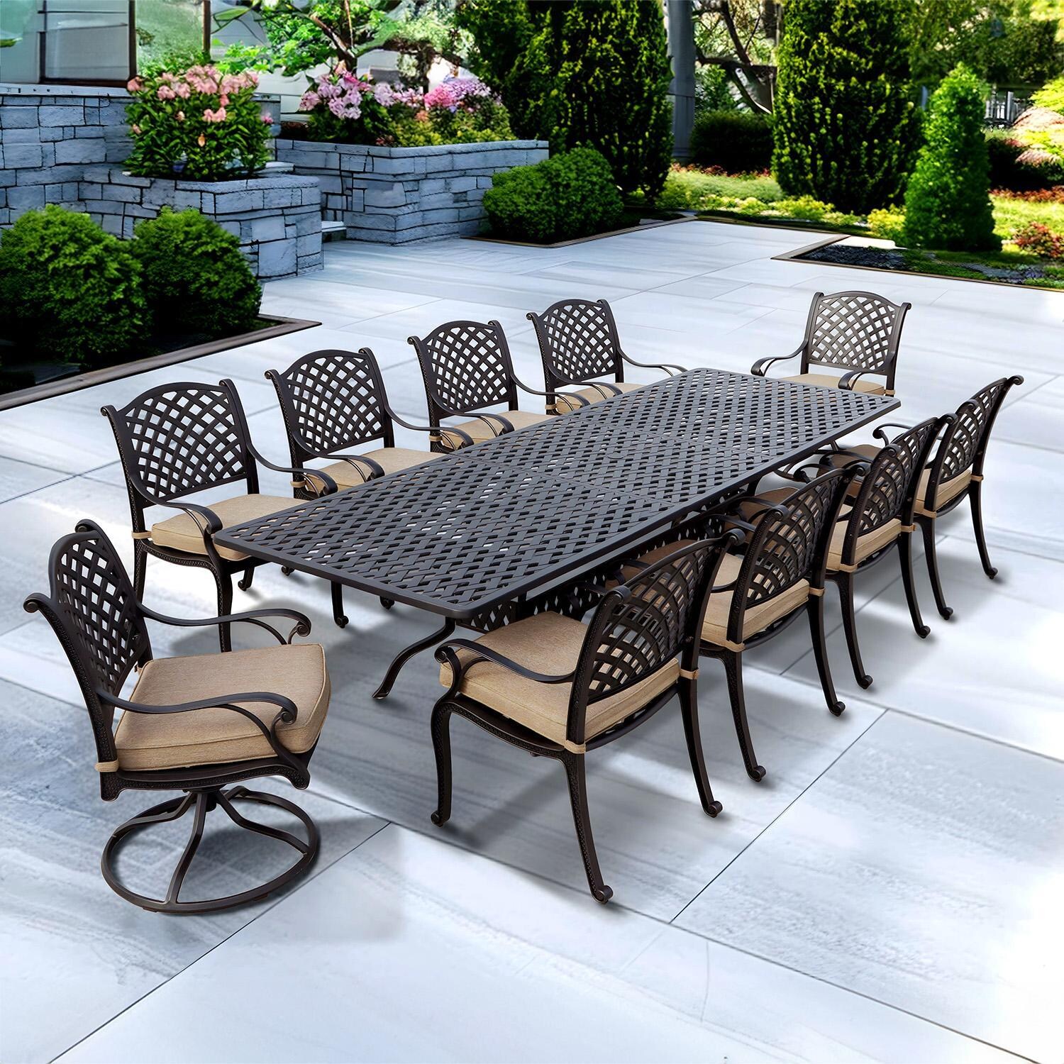Nassau 11 Pc Cast Aluminum Dining Set w/ 92 X 42 Inch Series 30 Extension Table & 2 Swivel Rockers in Antique Bronze/Sesame by Darlee
