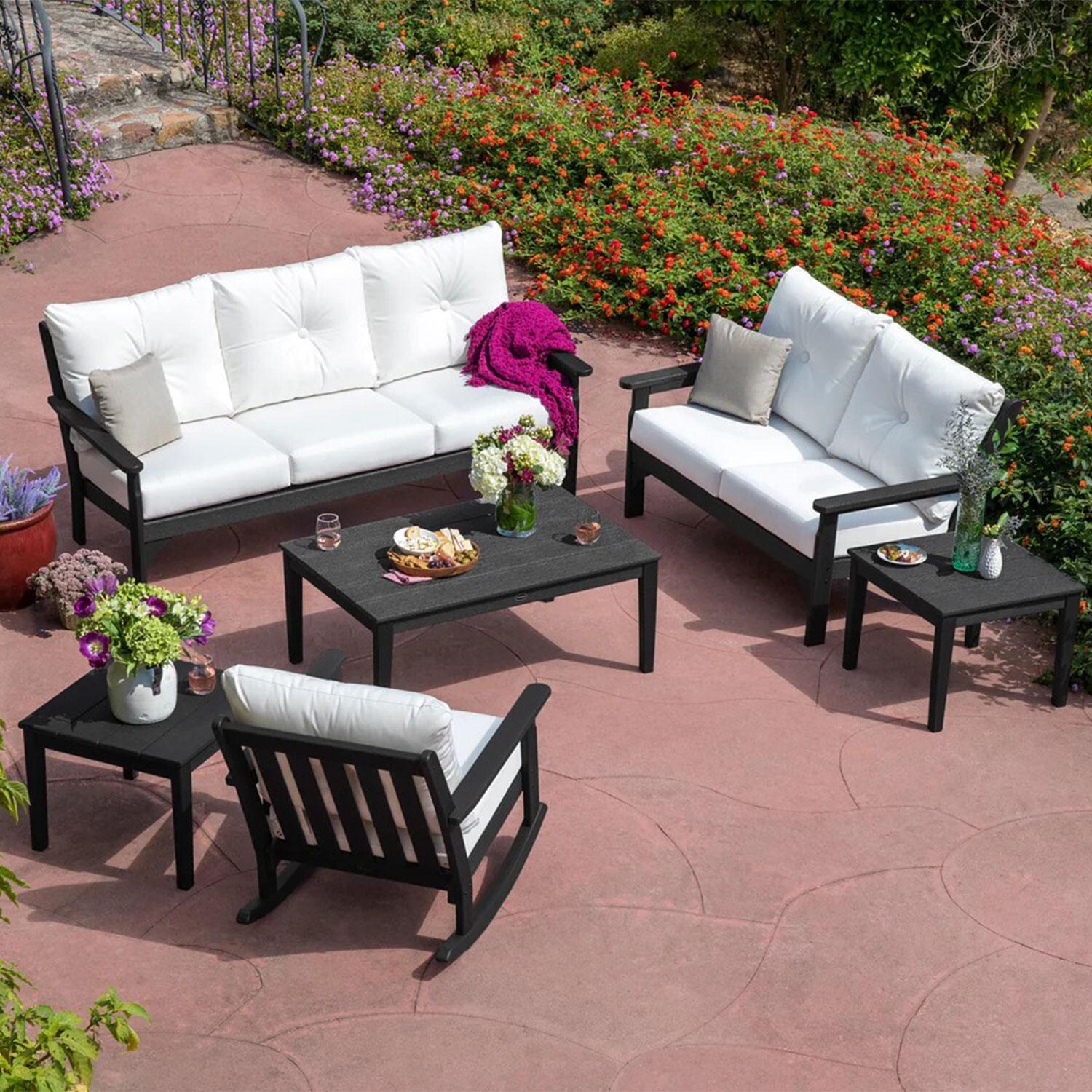 POLYWOOD Vineyard White & Marine Indigo 6-Piece Deep Seating Set - Back Patio - Shown in Black/Natural Linen finish - Lifestyle thumbnail