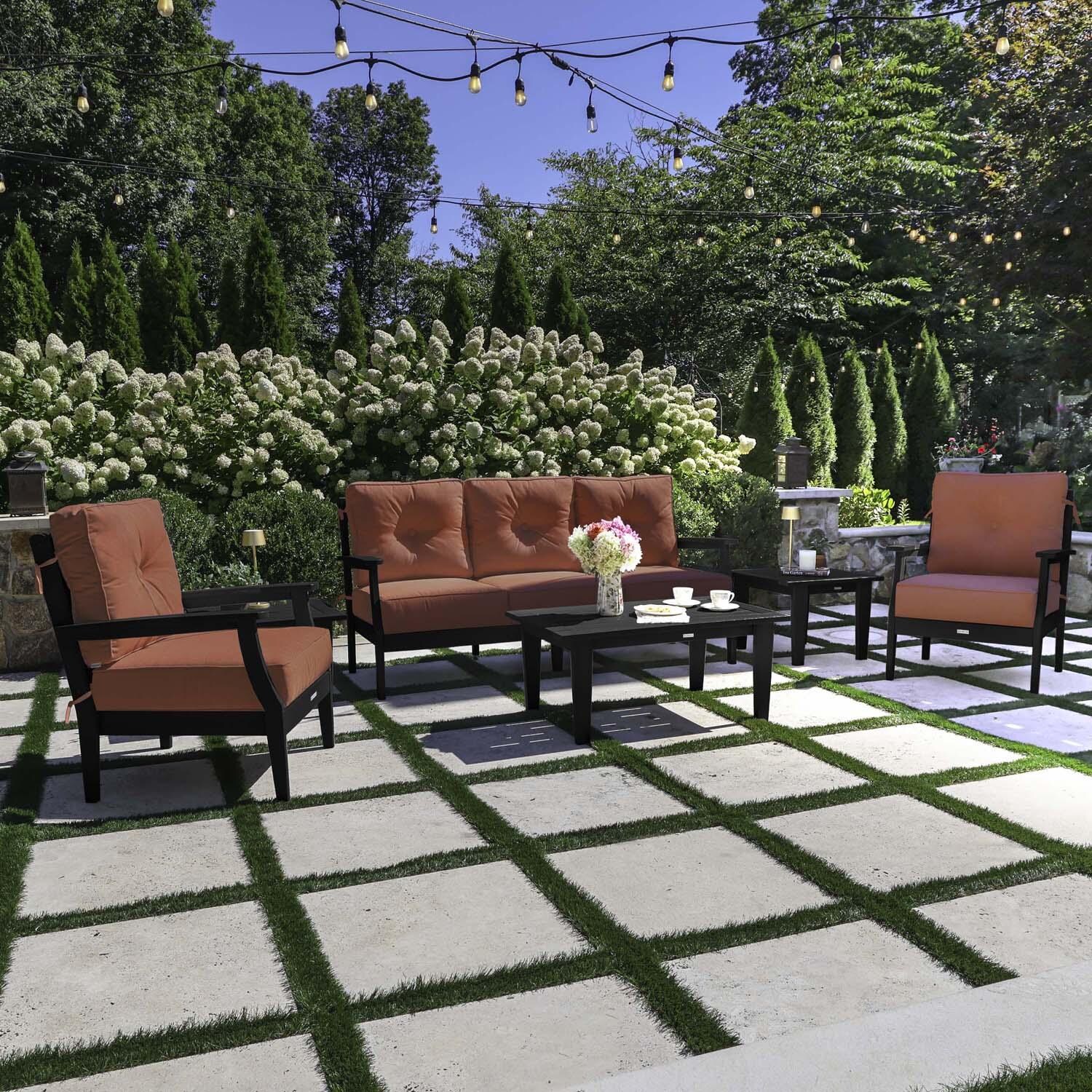 Blushing Bay 6 Pc Recycled Plastic Seating Set w/ Sofa in Canvas Persimmon/Black by Lakeview Outdoor Designs