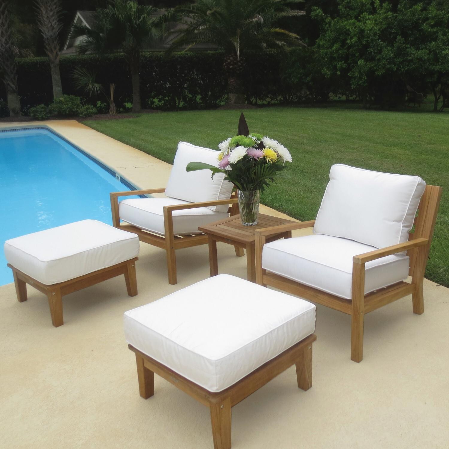 Royal Teak Collection 5 Piece Coastal Teak Patio Conversation Set W/ Sunbrella Canvas Natural Cushions thumbnail
