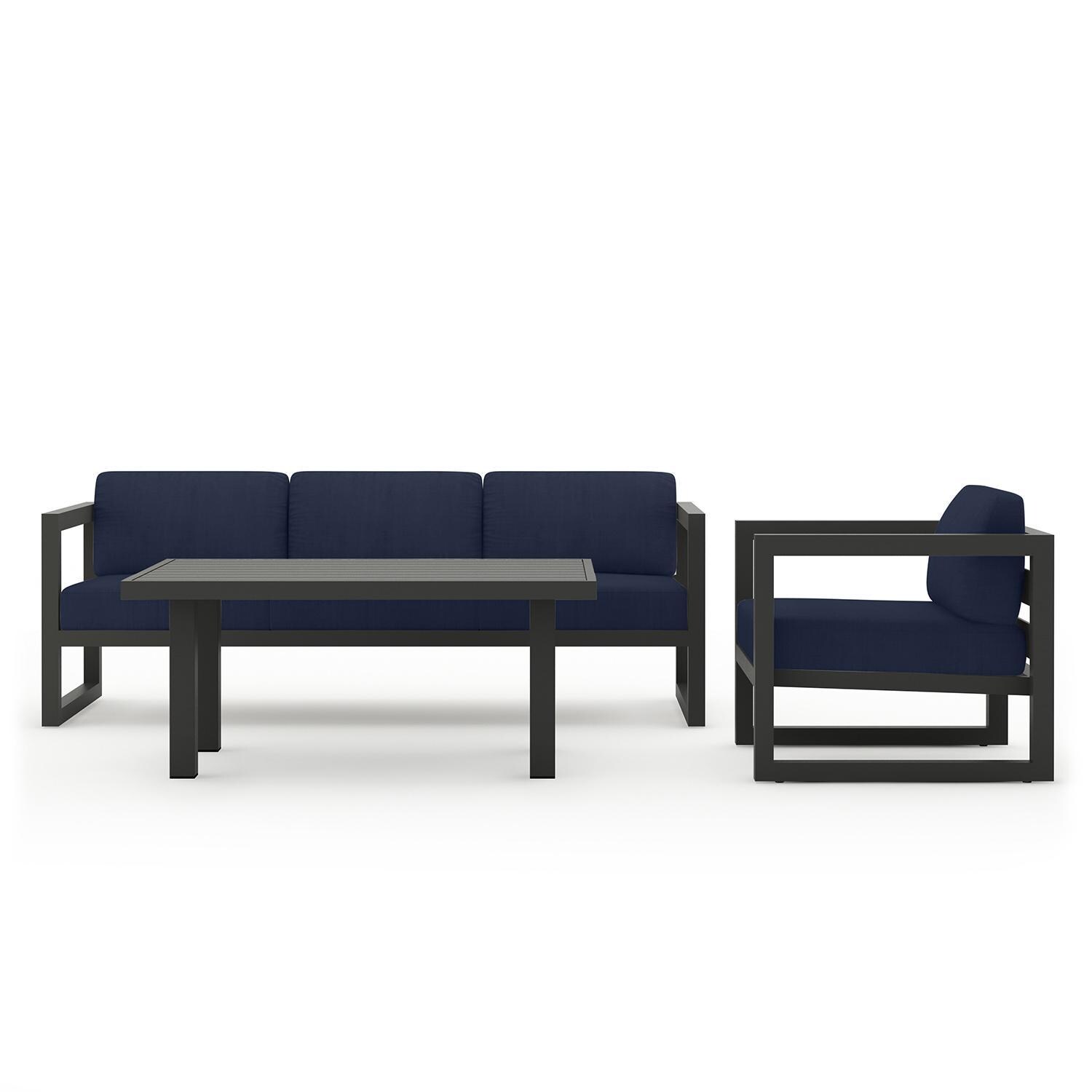Misty Cove 3 Piece Seating Set in Slate w/Chat Table & Spectrum Indigo Cushions by Lakeview - Complete Set - White Background thumbnail