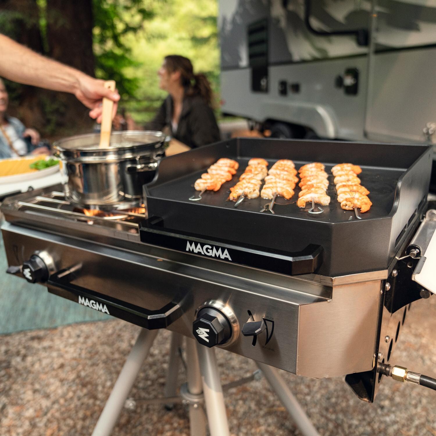 Magma Crossover Double Burner Firebox Outdoor Cooker With Griddle Topper - In Use (Pot & Stand Not Included) thumbnail