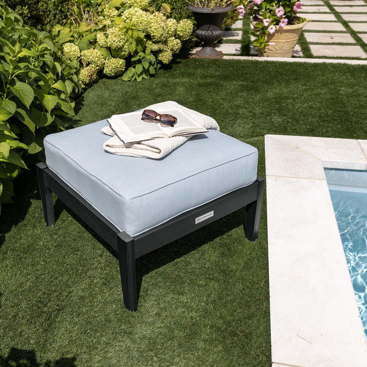 Blushing Bay Recycled Plastic Ottoman in Bliss Dew/Black by Lakeview Outdoor Designs - By Pool Close Up - Lifestyle thumbnail