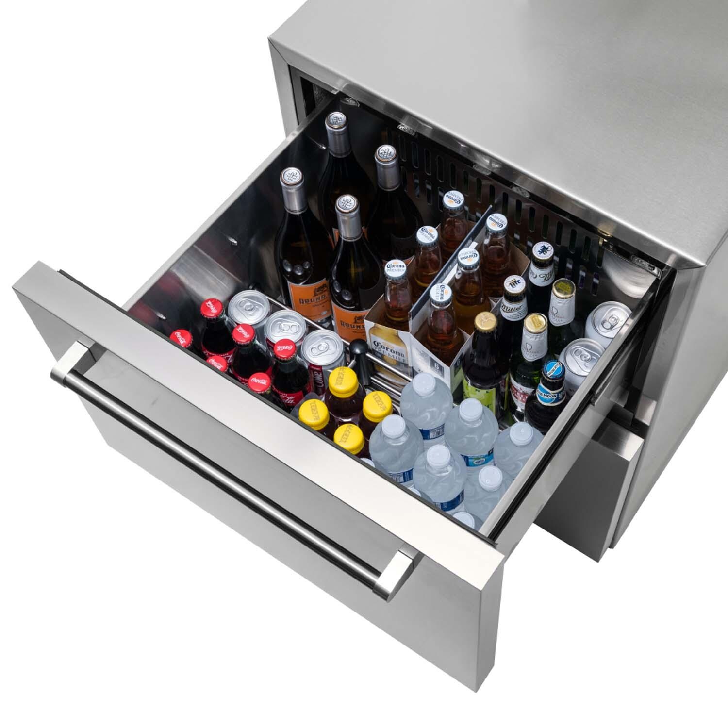 NewAir NCR040SS00 24 Inch 80 Can 20 Bottle Dual Drawer Commercial Built-in Outdoor Wine and Beverage Cooler - Stainless Steel - Top Drawer Open w/Cans Inside - White Background thumbnail