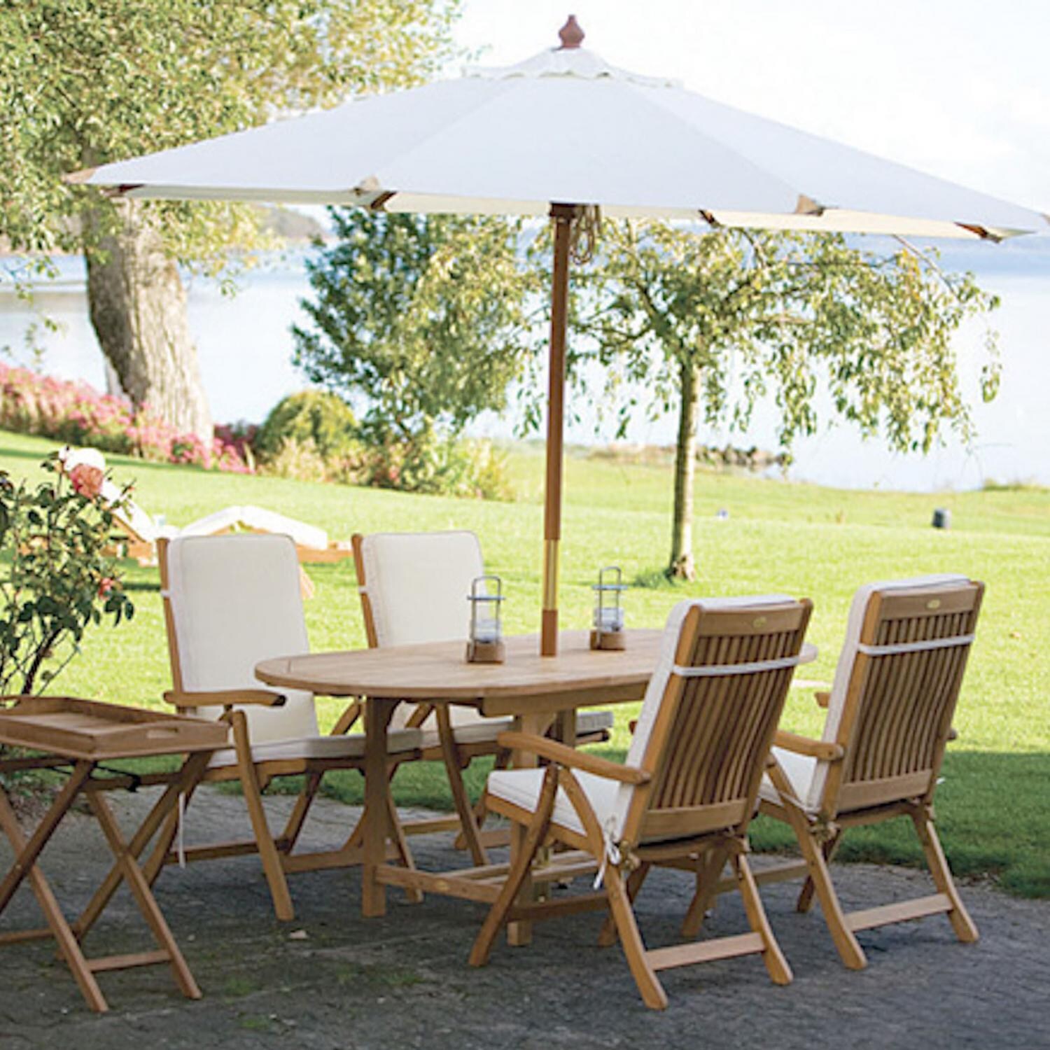 Royal Teak Collection Estate 5 Piece Teak Patio Dining Set With 60 X 35 Inch Oval Extension Table W/ Sunbrella Canvas Natural Cushions and Olefin Umbrella - On the Patio thumbnail
