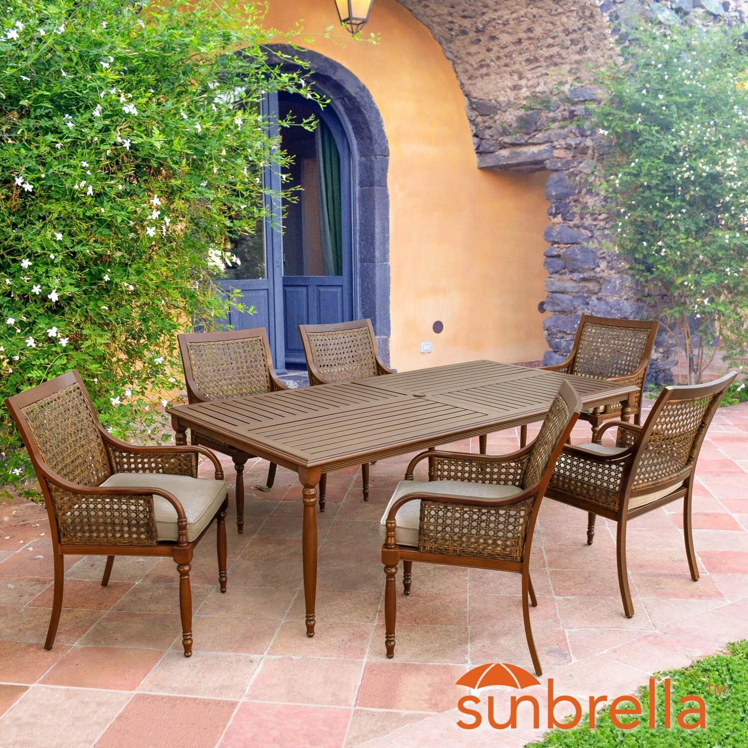 Arabella 7 Piece Aluminum Patio Dining Set W/ 78 X 42 Inch Table & Sunbrella Cast Ash Cushions By Lakeview Outdoor Designs