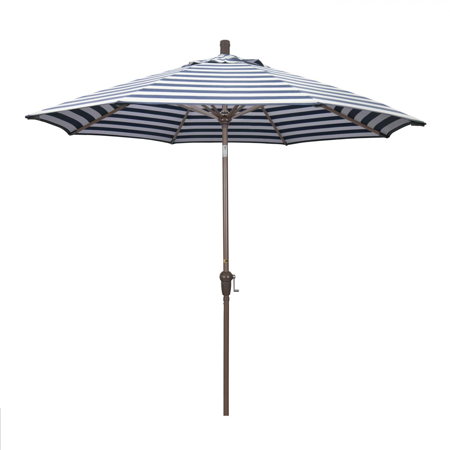 California Umbrella Sunset Series 9 Ft Octagonal Aluminum Auto Tilt Patio Umbrella W/ Crank Lift - Champagne Frame / Olefin Navy White Cabana Stripe Canopy image