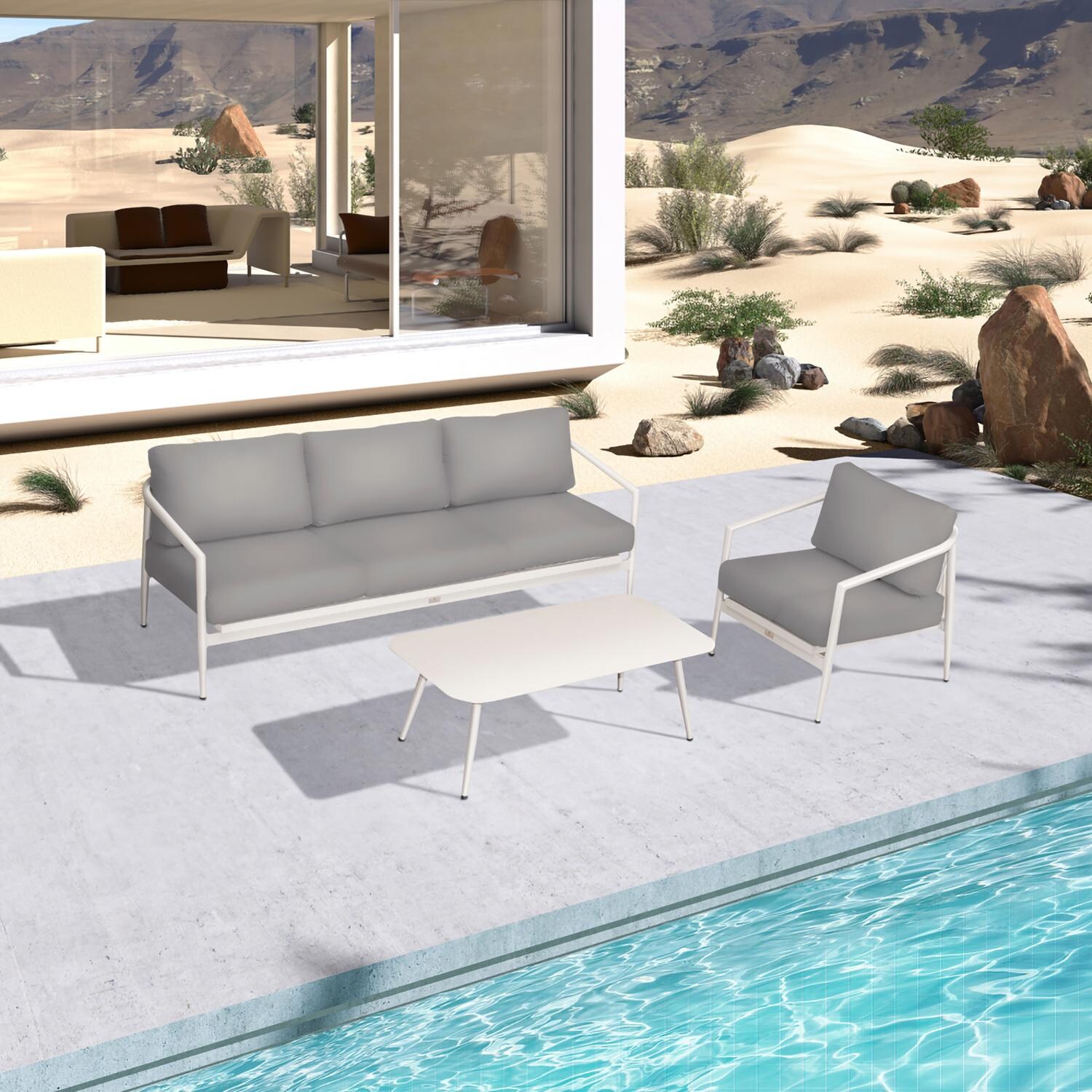 Lakeview Midnight Cove 3 Pc Aluminum Sofa Seating Set in Urban Stone/Carrera/Canvas Charcoal - Top - Lifestyle thumbnail