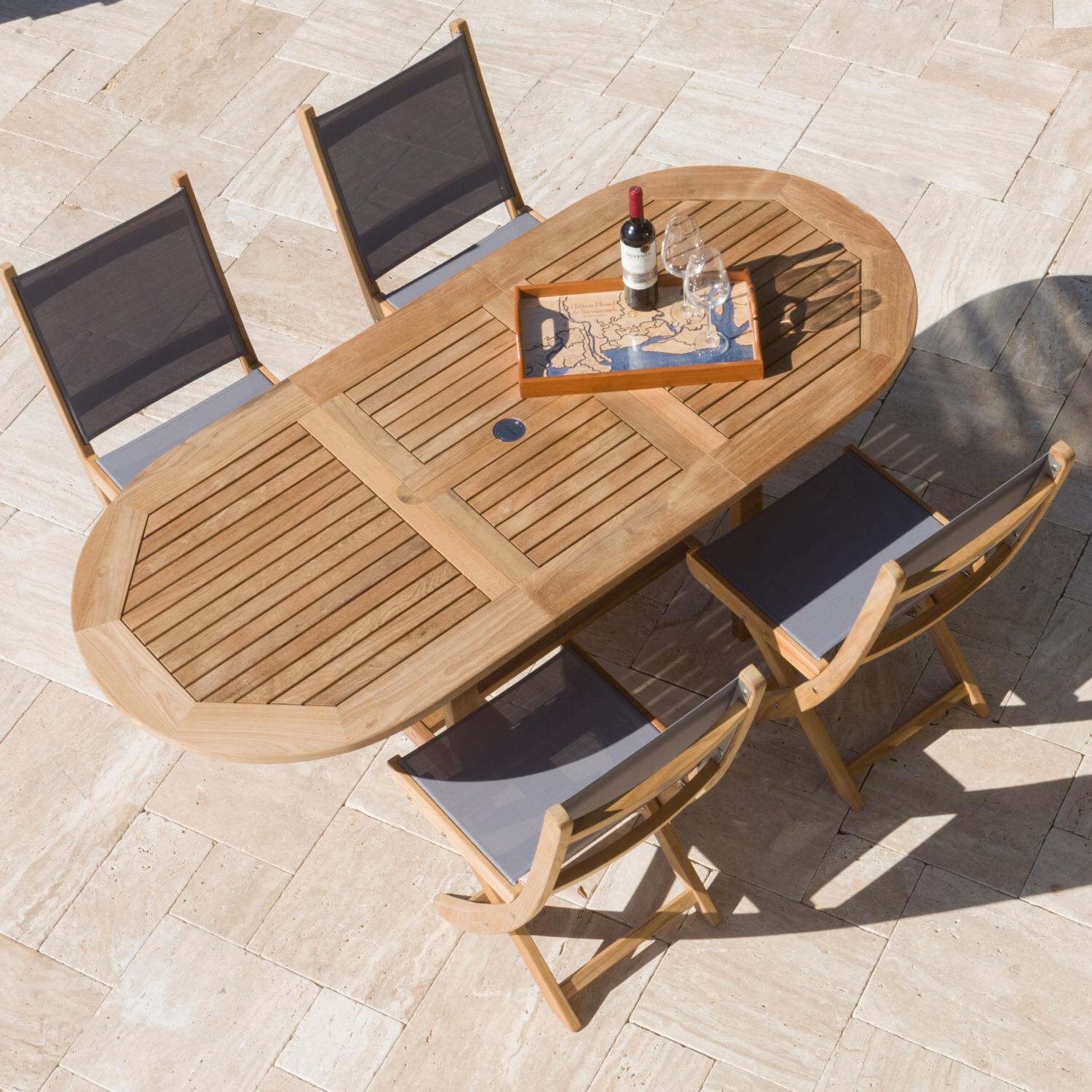 Royal Teak Collection Family 60 X 35 Inch Oval Teak Patio Dining Table With Extension - Top View thumbnail