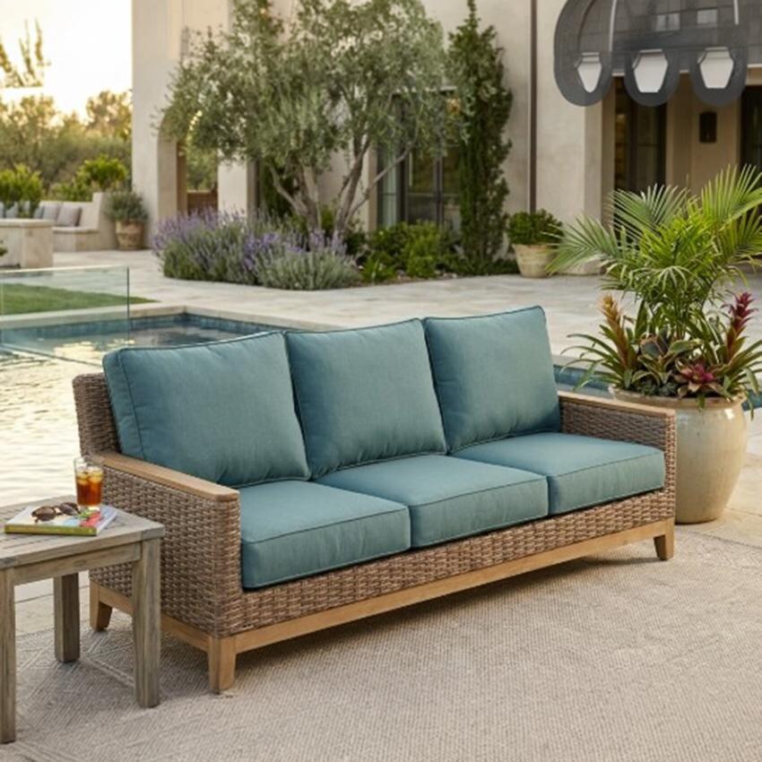 Royal Teak Collection BOCA3S-H-S Boca 3 Person Wicker Sofa / Sunbrella Cushions in Honey/Canvas Spa - On Patio - Lifestyle thumbnail