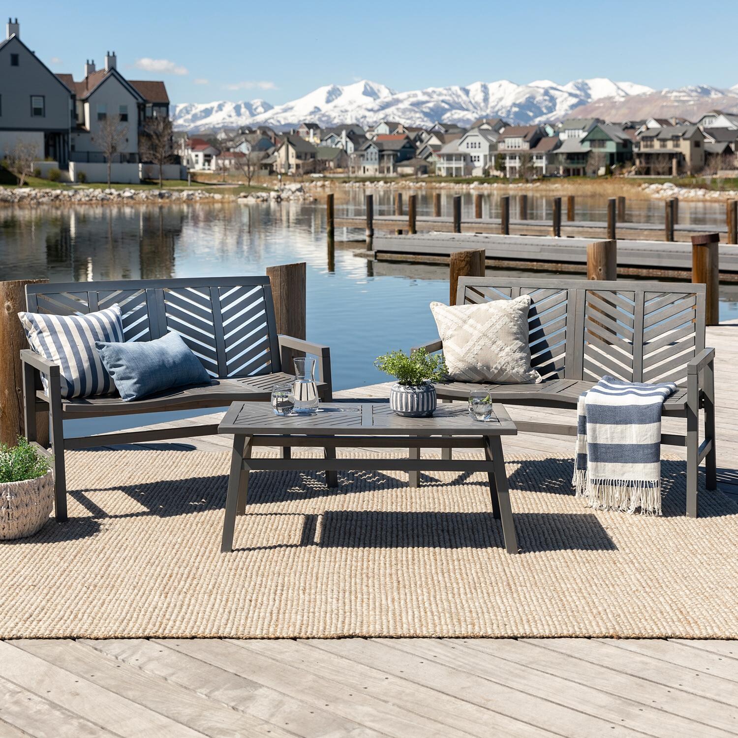 Walker Edison Vincent 3 Piece Acacia Patio Conversation Set W/ 42 X 20 Inch Rectangular Table - Grey Wash image