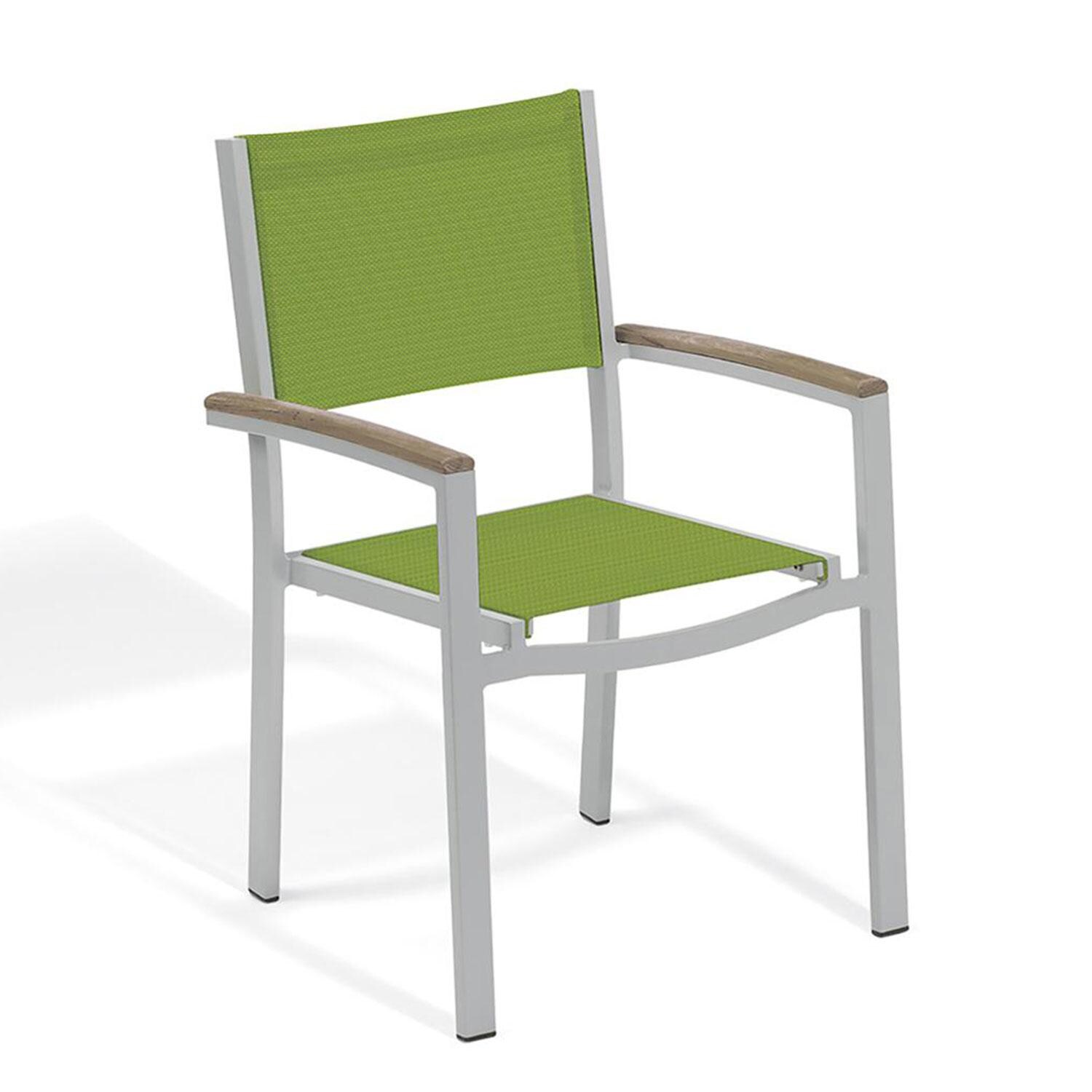 Oxford Garden Travira 7 Piece Flint Aluminum Patio Dining Set - Go Green Sling Armchair w/ Vintage Tekwood Arms thumbnail