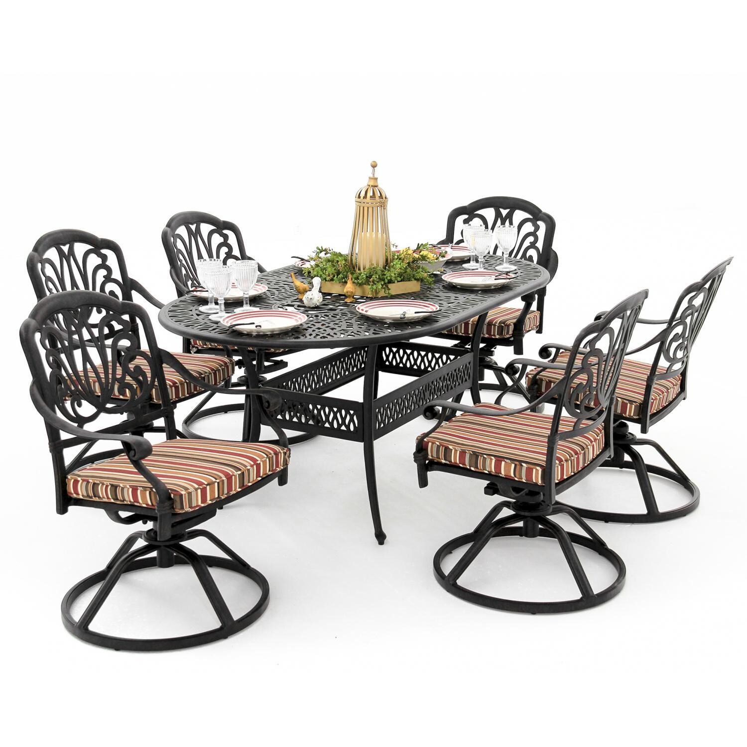 Rosedown 7 Piece Cast Aluminum Patio Dining Set With Swivel Rockers And 72 X 42-Inch Oval Table - Brannon Redwood thumbnail