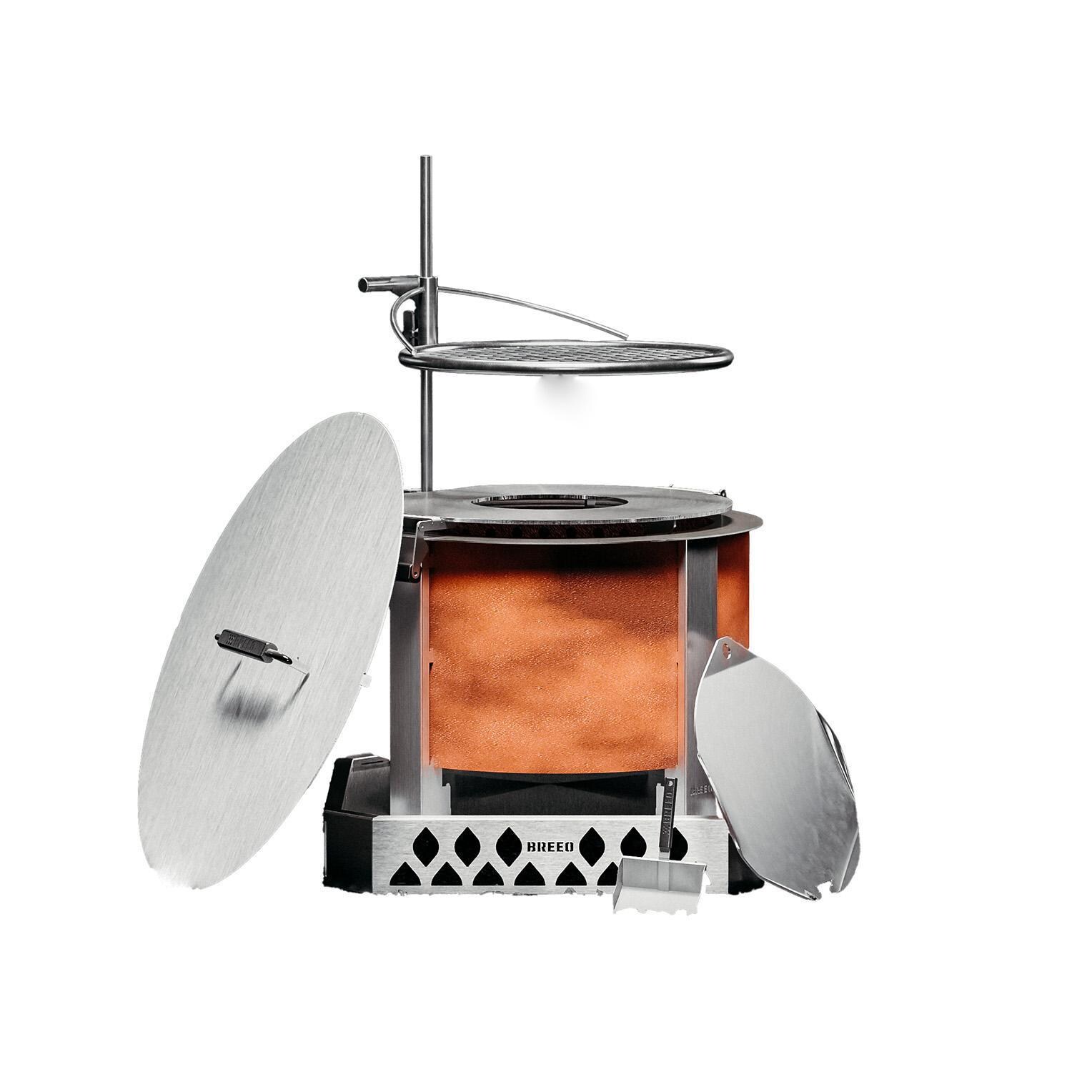 Breeo BR-X19P-G-P-L-KH-ART-K-SP19 X Series Smokeless 19 Inch Round Corten Steel Firemaster Fire Pit Bundle - Front View - White Background thumbnail