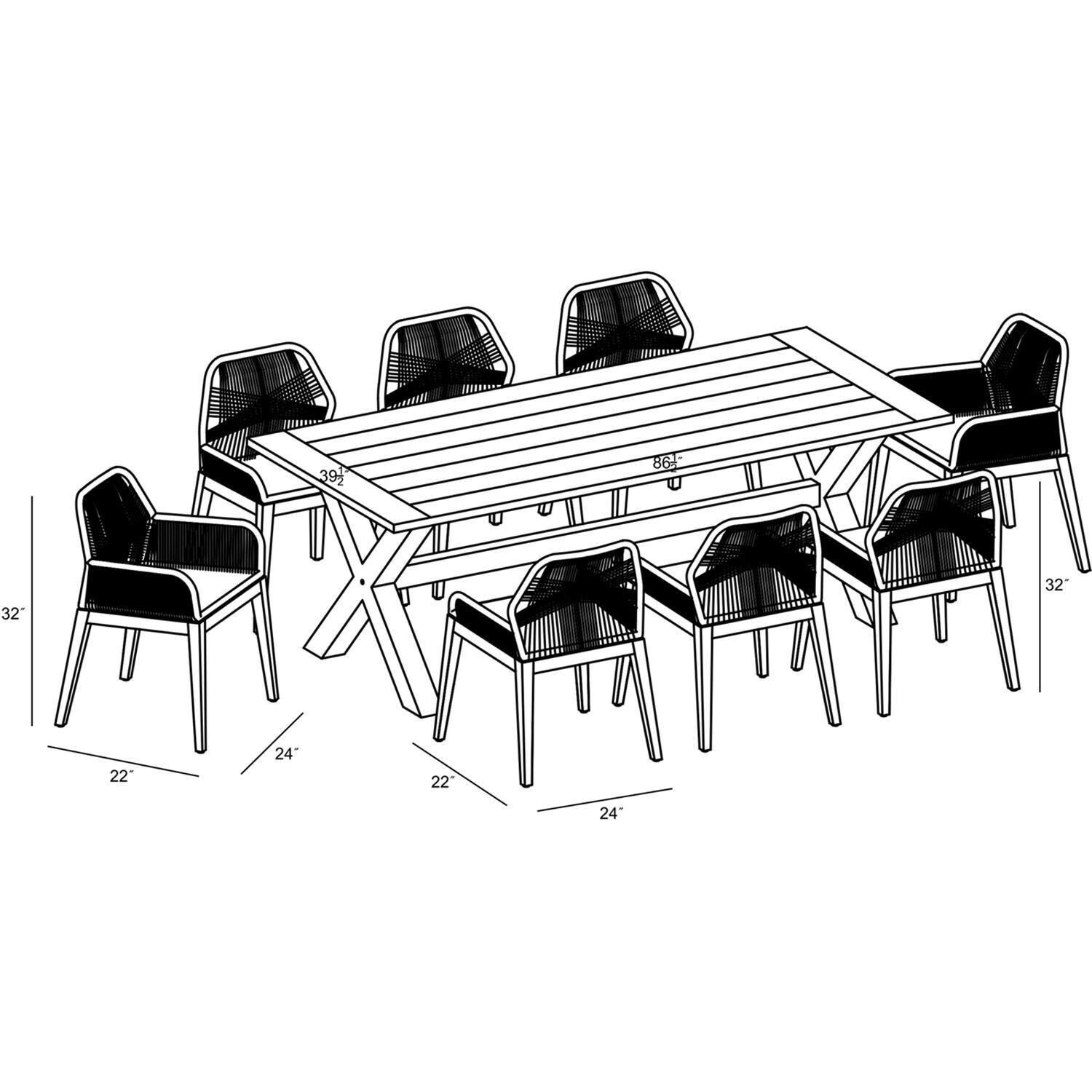 Wood Grove 8 Seat Reclaimed Teak and Rope Dining Set By Lakeview - Dimensional thumbnail