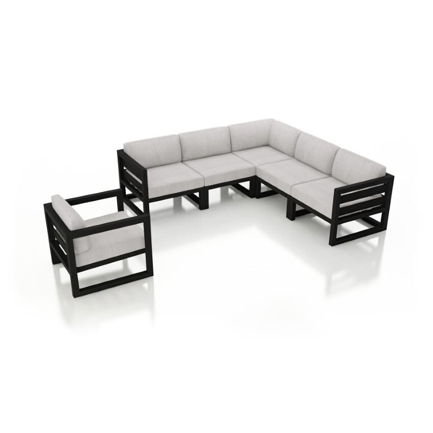 Lakeview Misty Cove 6 Pc Aluminum Sectional Set in Black w/Club Chair & Cast Silver Cushions by Lakeview Outdoor Designs - White Background thumbnail