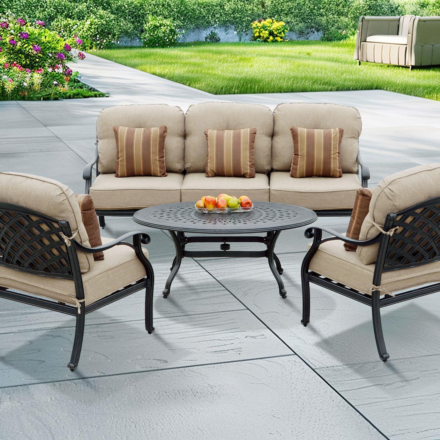 Darlee Nassau 4 Pc Cast Aluminum Sofa Seating Set w/ 46 X 31 Inch Oval Table & Throw Pillows in Antique Bronze/Beige Canvas by - B/DL603-4PCS-26BSP