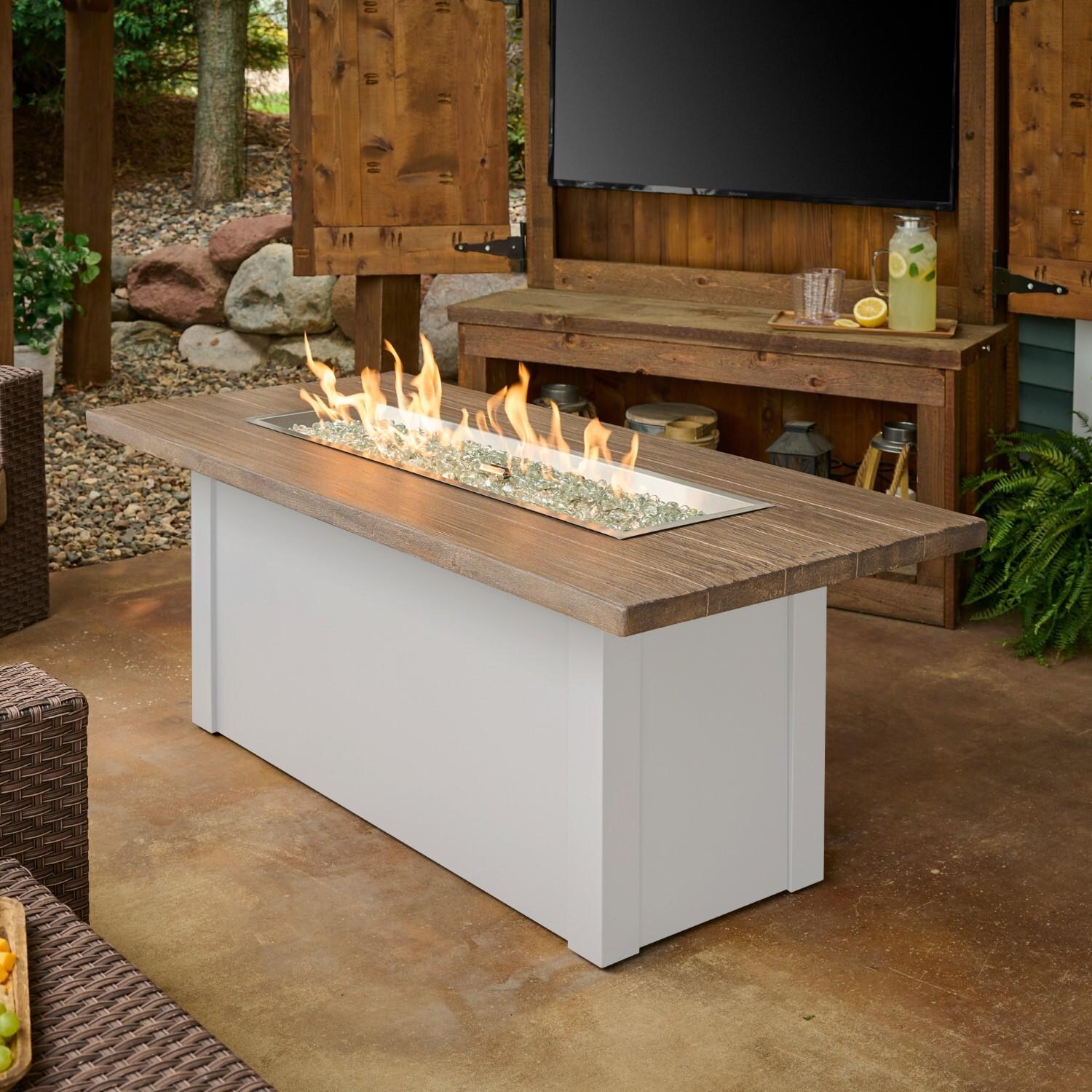Havenwood 62 Inch Rectangular Powder Coated Steel Propane Fire Pit Table in Brown by The Outdoor GreatRoom Company