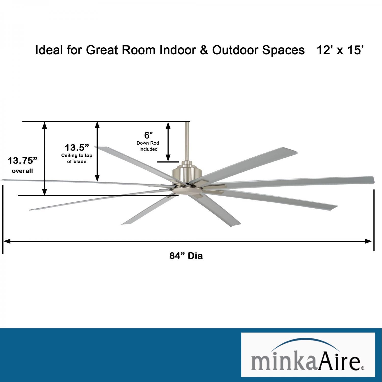 Minka-Aire F896-84-BNW Xtreme H2O 84-Inch 8-Blade Ceiling Fan in Brushed Nickel Finish w/ Silver Blades - Dimensions thumbnail