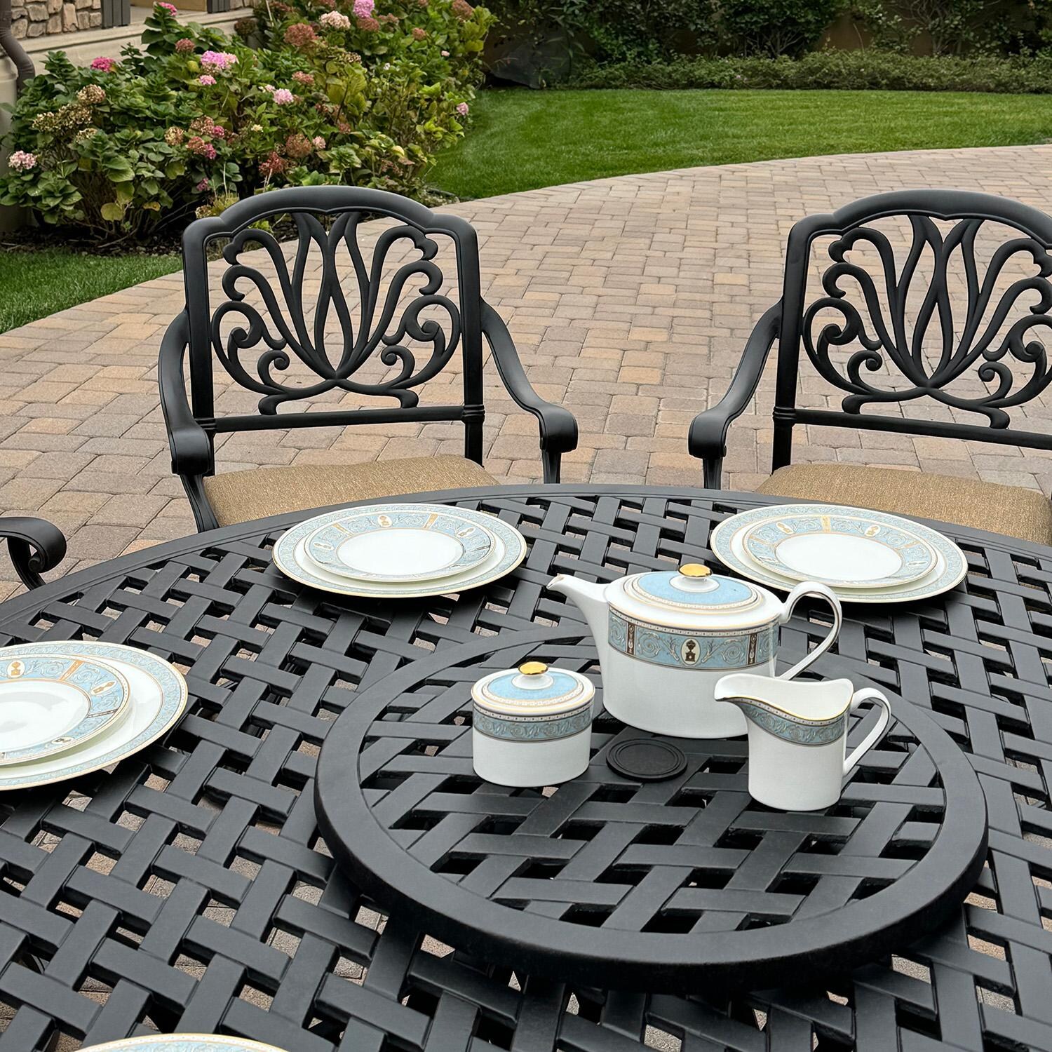 Elisabeth 8 Pc Cast Aluminum Dining Set w/ Series 30 Table & Lazy Susan in Antique Bronze by Darlee - Lazy Susan - Detail thumbnail