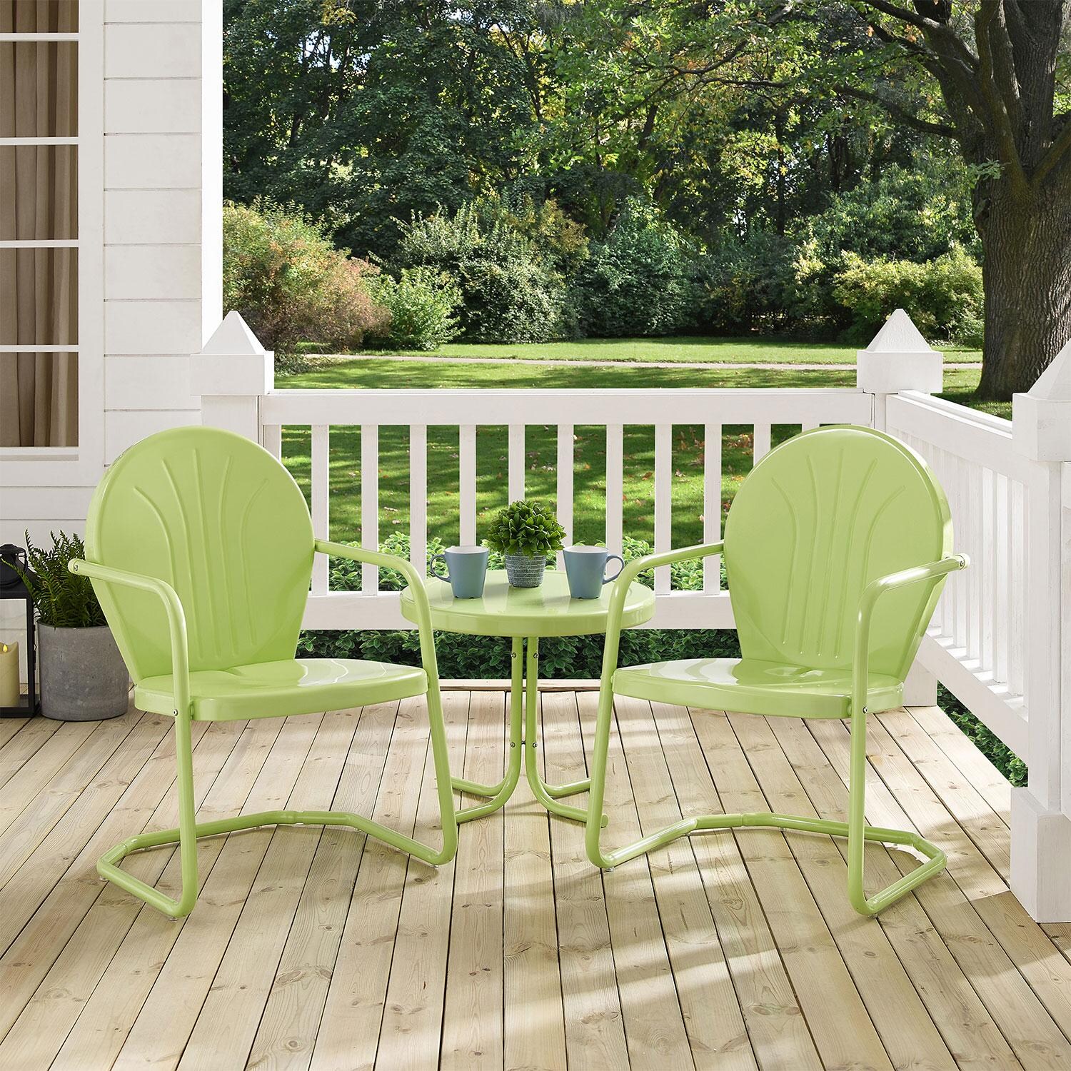 Ultimate Patio UP-32237KL 3Pc Retro Outdoor Chair Set in Lime Green - Angled on Porch - Lifestyle thumbnail