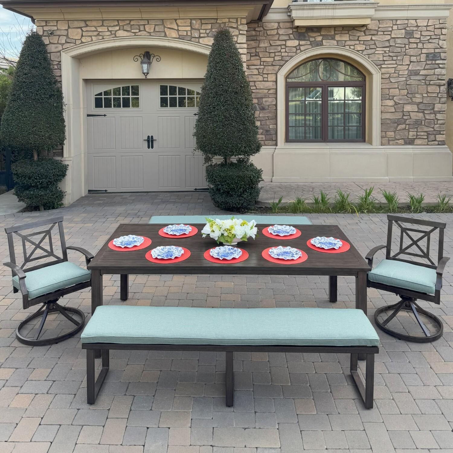 Atlantis 5 Pc Aluminum Dining Set w/ 2 Swivel Rocker Dining Arm Chairs & 2 Three Person Benches in Walnut/Spa by Darlee - Hero - Lifestyle thumbnail