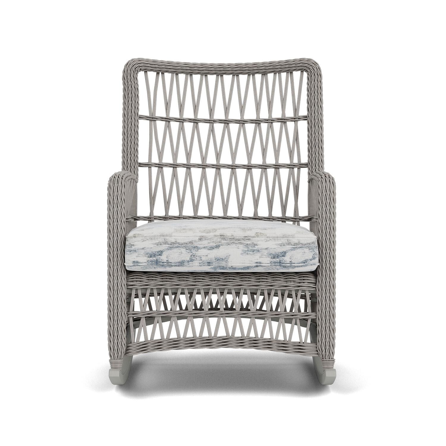 Mackinac Wicker High Back Rocking Club Chair in Putty/Stratosphere Cloud by Lloyd Flanders