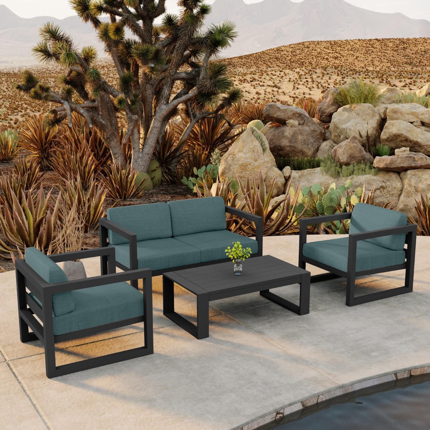 Misty Cove 4 Pc Aluminum Loveseat Set in Slate W/ Cast Lagoon Cushions & Portal Coffee Table By Lakeview - Lifestyle thumbnail