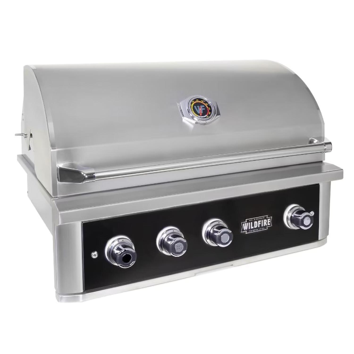 Wildfire WF-PRO36G-RH-NG 36 Inch Grill Outdoor Kitchen Package w/15 Inch Side Griddle & 24 Inch Outdoor Rated Refrigerator - Grill At Angle - White Background thumbnail