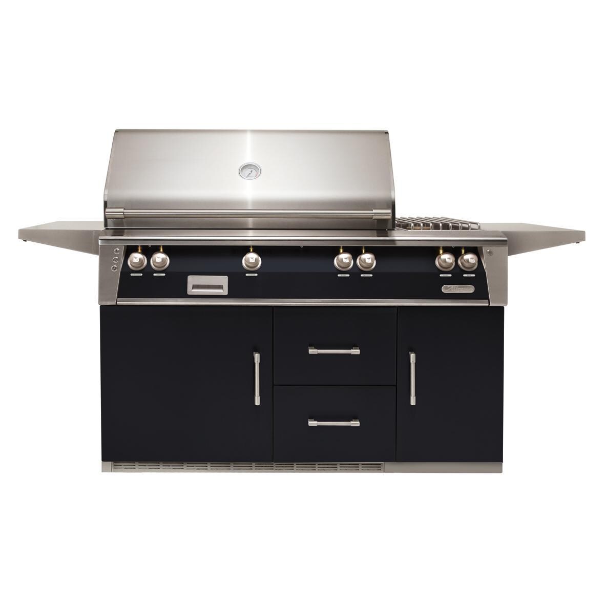 Alfresco ALXE-56SZR-NG-S9005 ALXE 56-Inch Freestanding Natural Gas Deluxe Grill On Refrigerated Cart With Sear Zone, Rotisserie, And Side Burner in Jet Black Gloss - White Background thumbnail