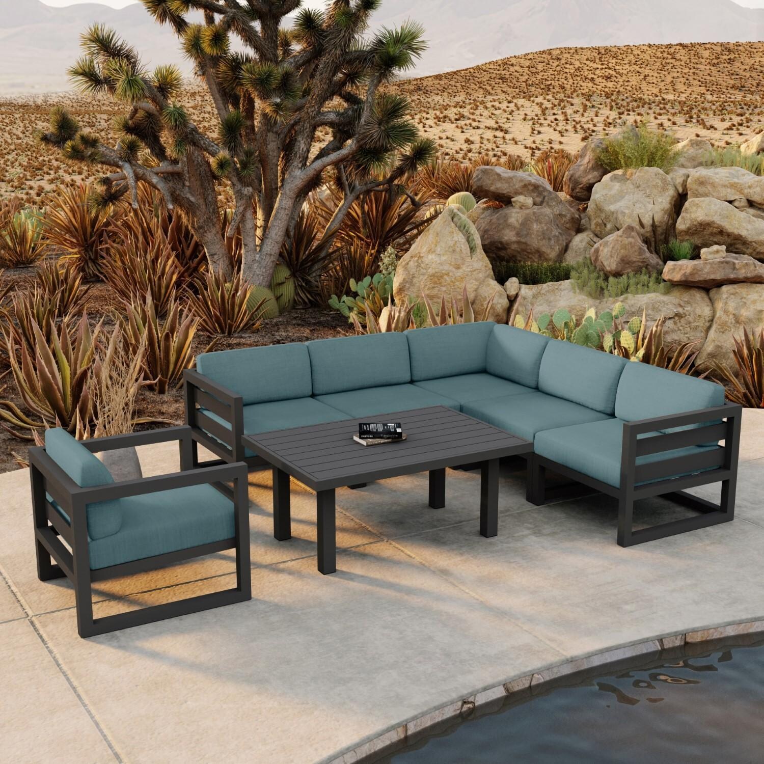 Lakeview MSTYCV-SL-SET212-CL Misty Cove 7 Pc Aluminum Sectional Set in Slate w/Chat Table & Cast Lagoon Cushions by Lakeview Outdoor Designs - By the Pool - Lifestyle thumbnail