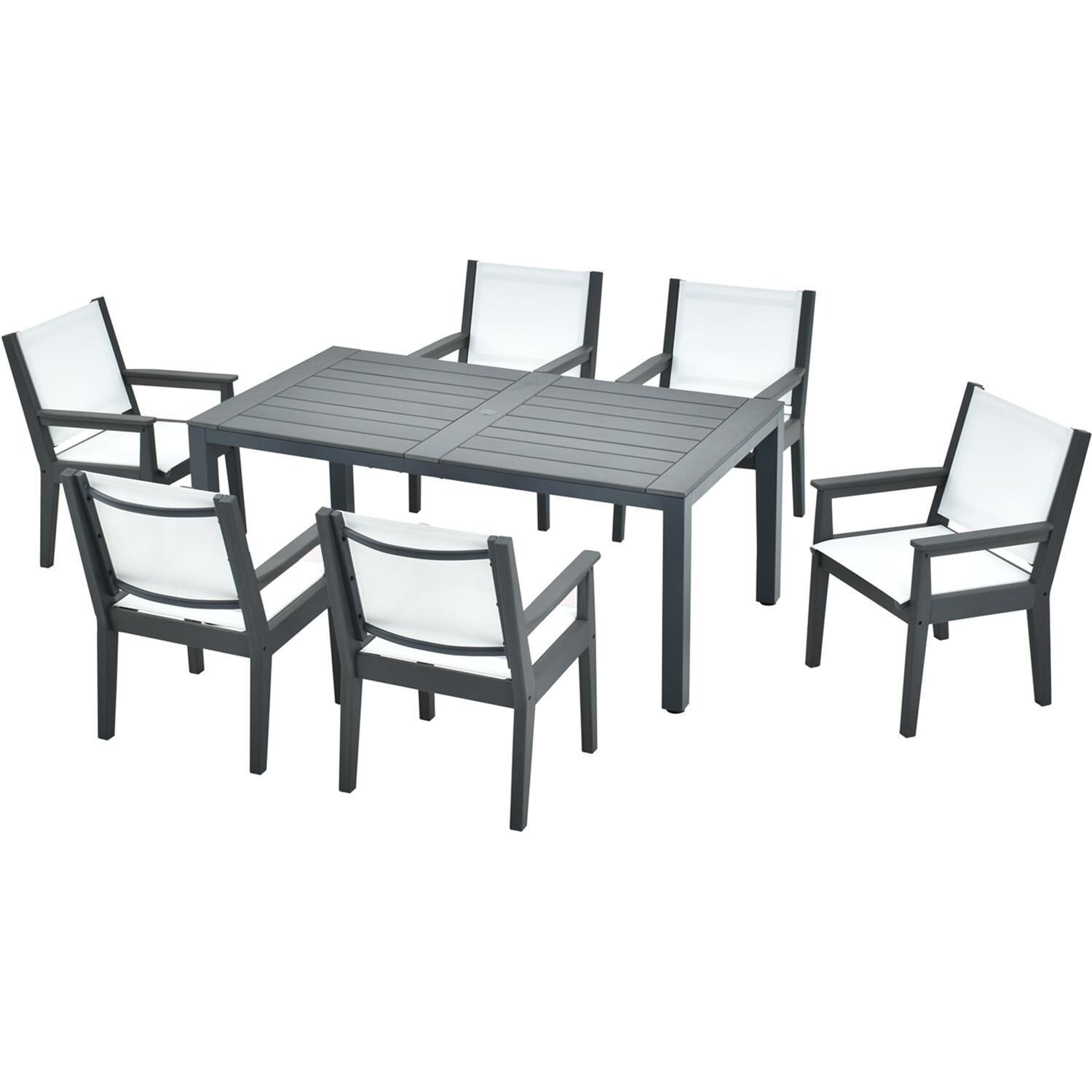 Lakeview Outdoor Designs LV-334-7 Everglades 7 Pc Polyresin Dining Set in Gray - Set Chairs Out - White Background thumbnail