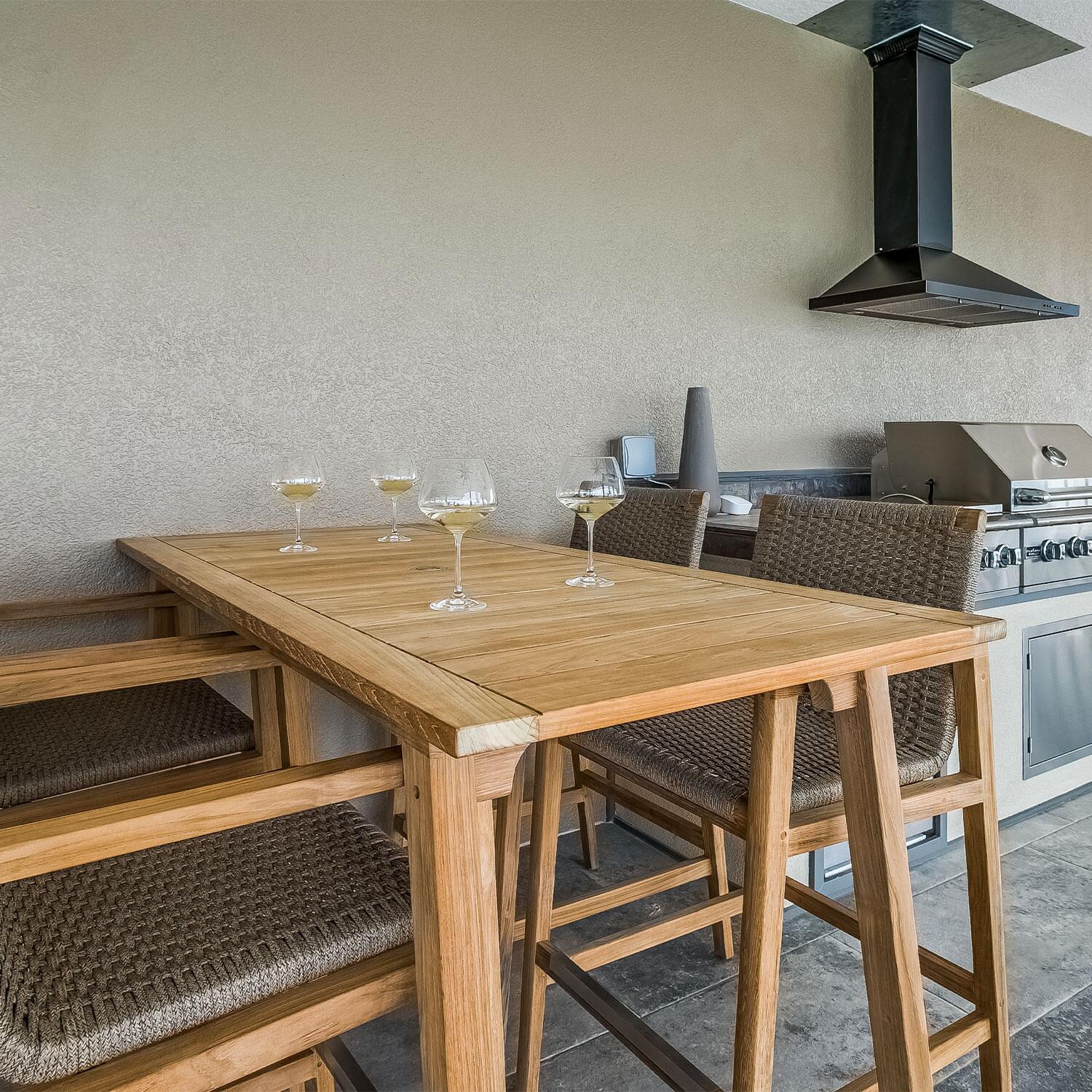 Admiral Rope Counter Height Dining Chair in Charcoal Grey by Royal Teak Collection - W/ Counter Height Dining Table (Shown in Brown Sand, Not Included) in Outdoor Kitchen - Lifestyle thumbnail