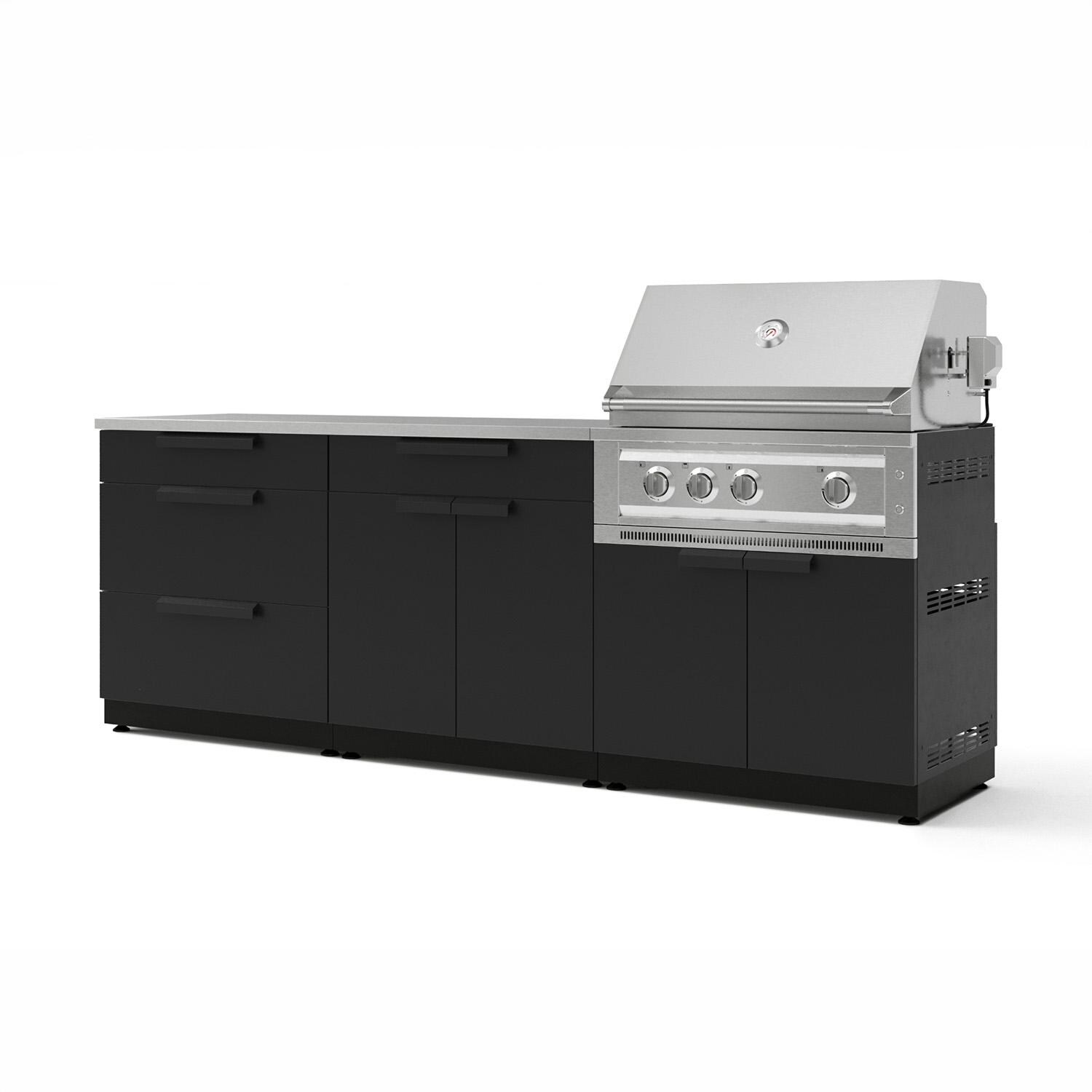 NewAge Products 67423 Classic Series 8 Ft Outdoor Kitchen Island w/ 33-in Propane Grill, Trash Bin, Door & Drawer in Matte Black/Stainless Steel - Angled - White Background thumbnail