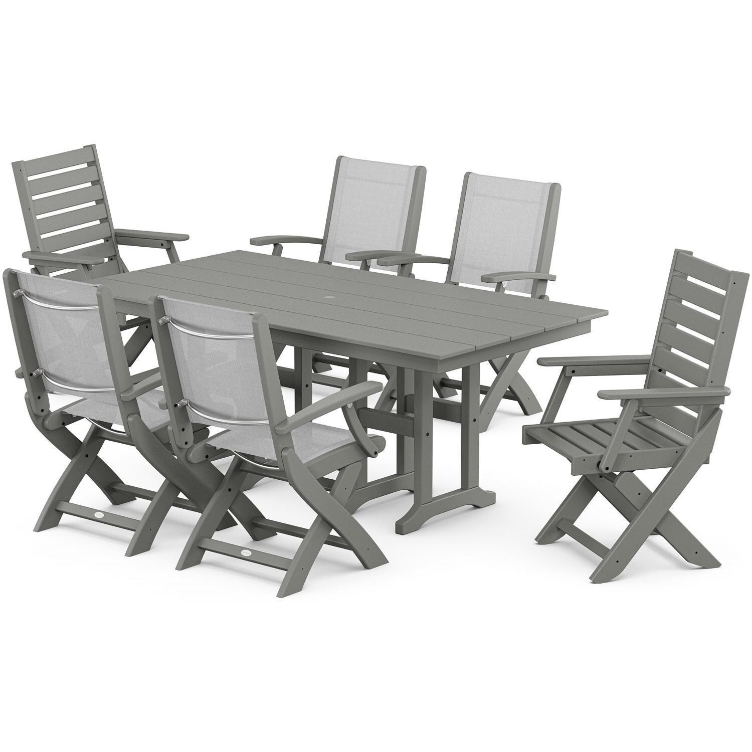POLYWOOD Creekside 7-Piece Farmhouse Dining Set White Sling Chairs in Slate Grey - White Background thumbnail